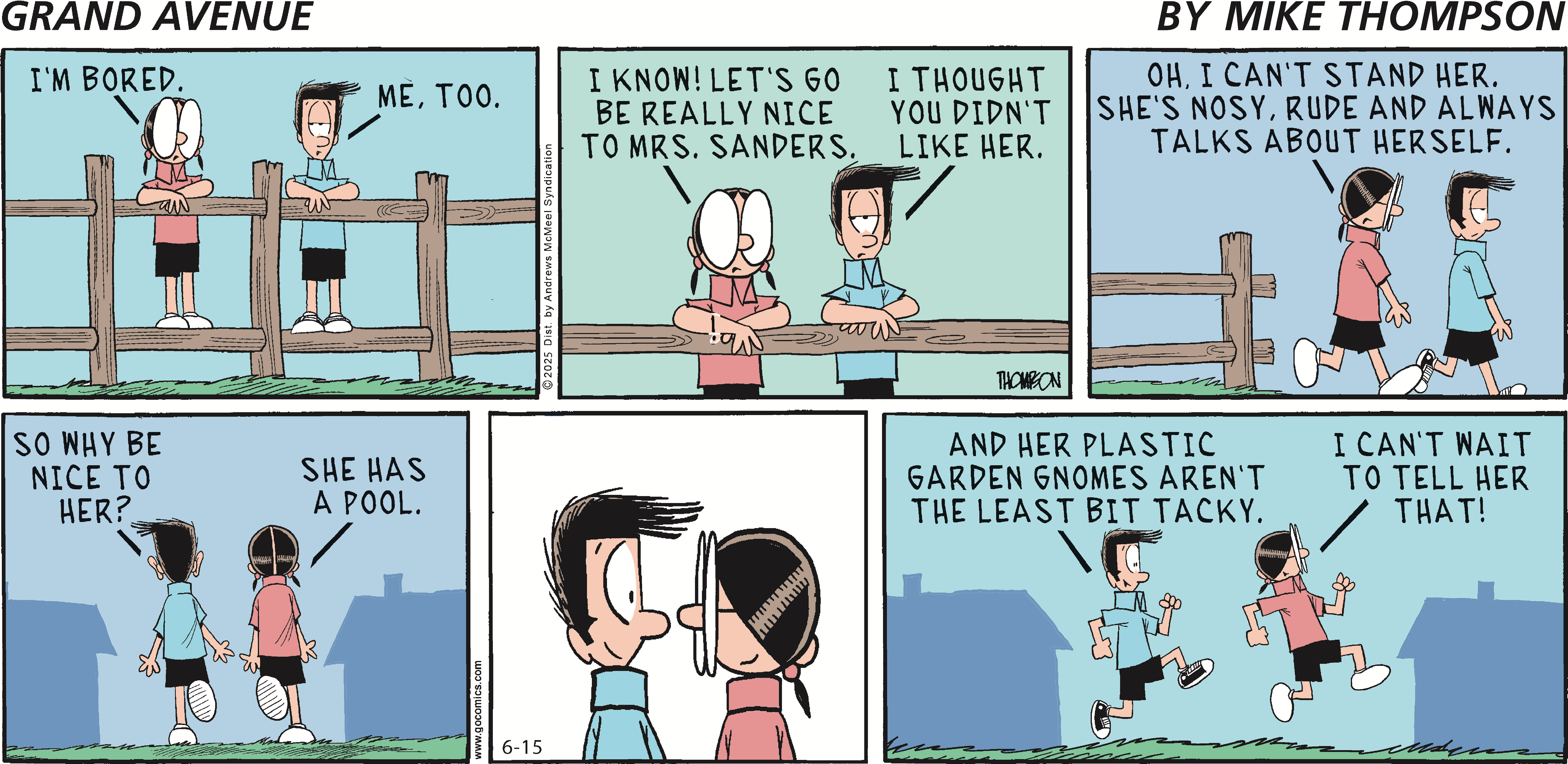 A comic strip featuring two children discussing their intentions to be nice to Mrs. Sanders, despite one child's previous dislike for her. The dialogue includes humorous commentary about garden gnomes, showcasing playful interactions and expressions.