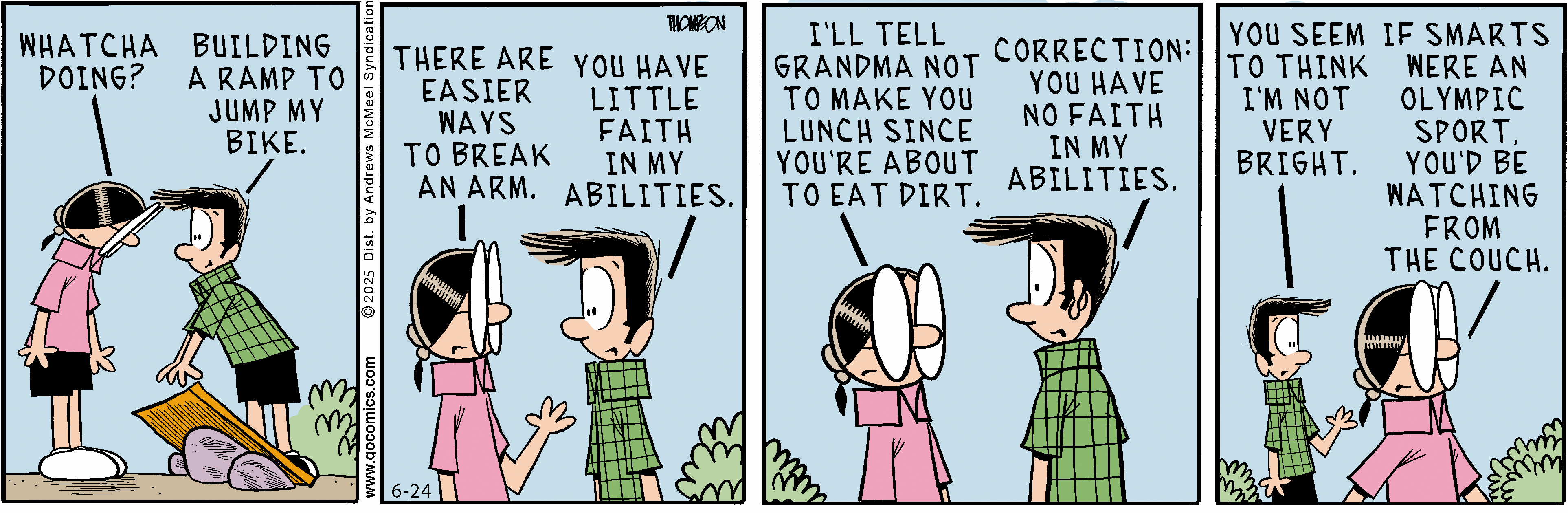 Two children engage in a humorous conversation about building a ramp for bike jumps, with one expressing skepticism about the other's abilities. The scene features playful banter and witty remarks, highlighting themes of friendship and playful competition.