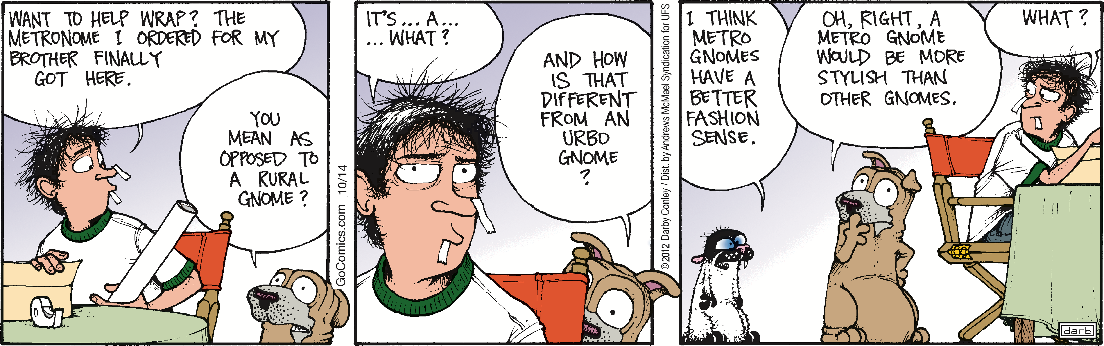 A humorous comic strip featuring a confused man and a talking dog discussing the difference between a gnome and an 