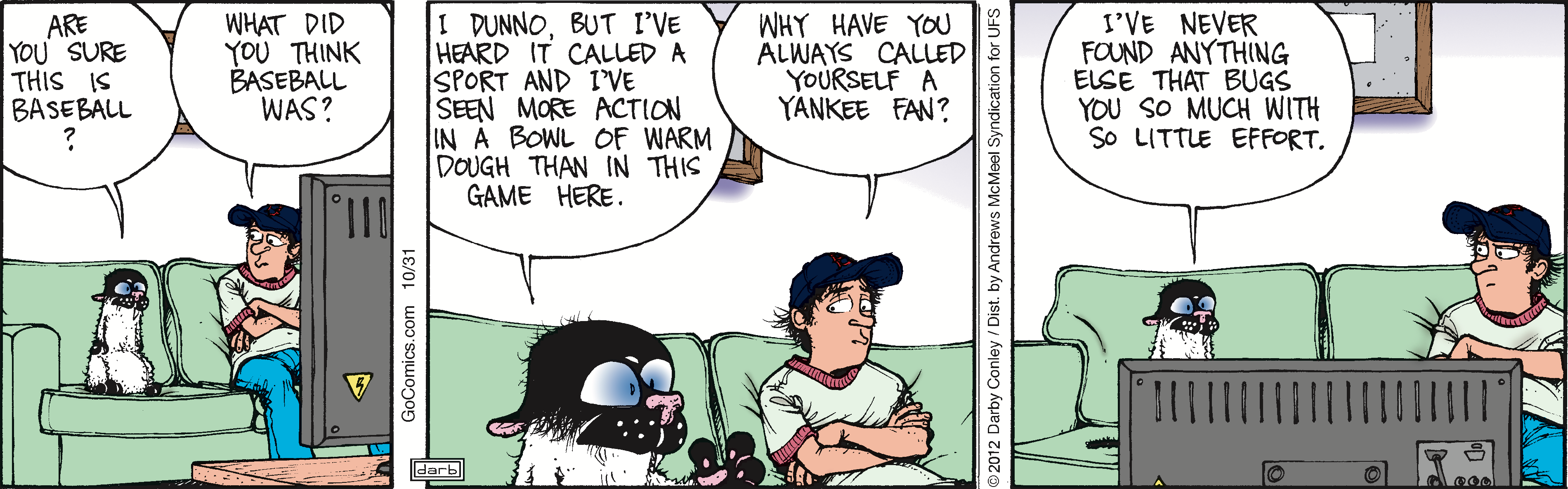 A cartoon scene featuring a boy in a baseball cap sitting on a couch, looking puzzled while talking to a black and white cat. The cat questions the boy about his loyalty as a Yankee fan, highlighting a humorous conversation about sports fandom.