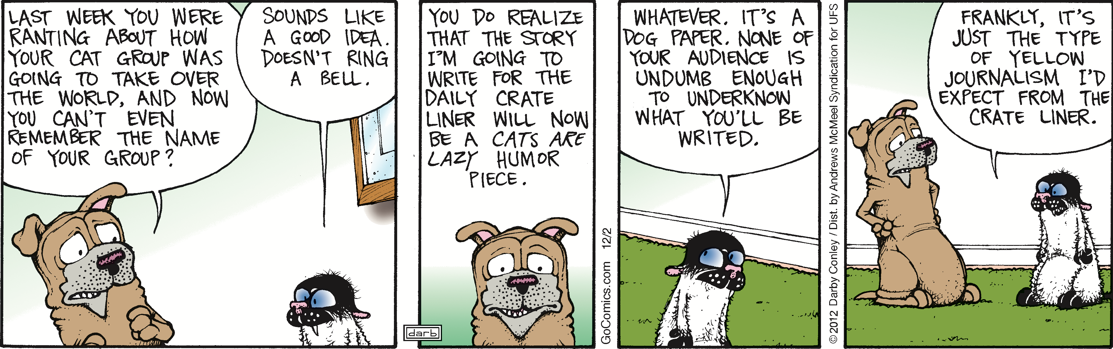 Comic strip featuring a dog and a sheep discussing a humorous story about cats. The dog expresses frustration about being assigned a 