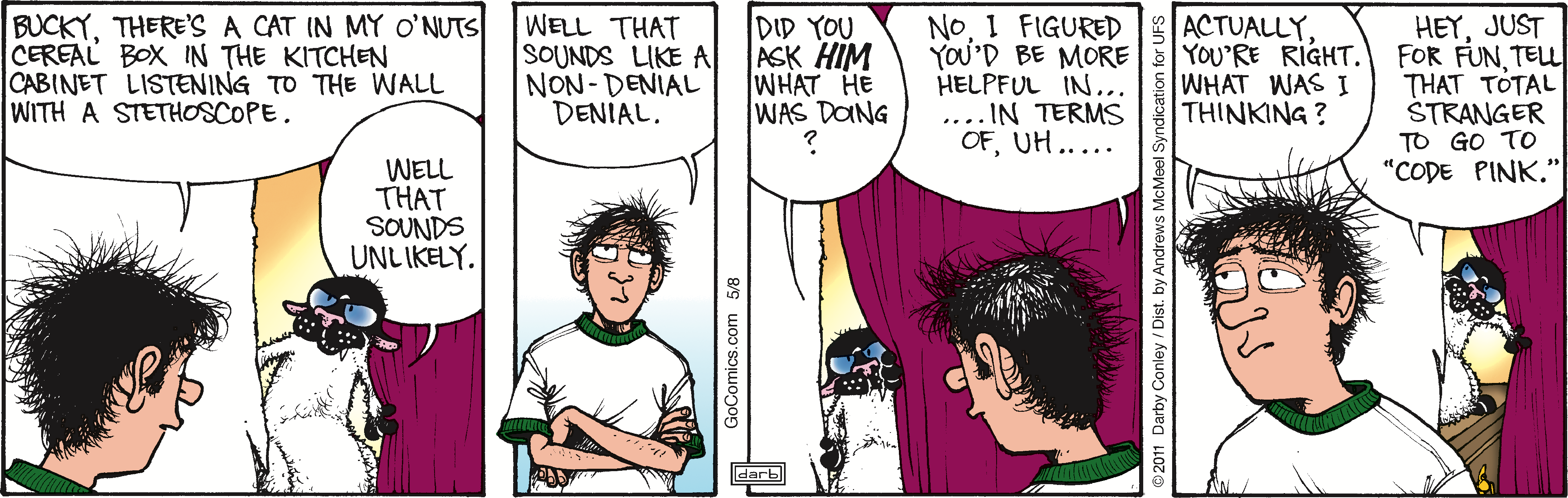 Comic strip featuring a humorous exchange between two characters about a cat in a cereal box. One character expresses disbelief while the other suggests a playful response involving a 