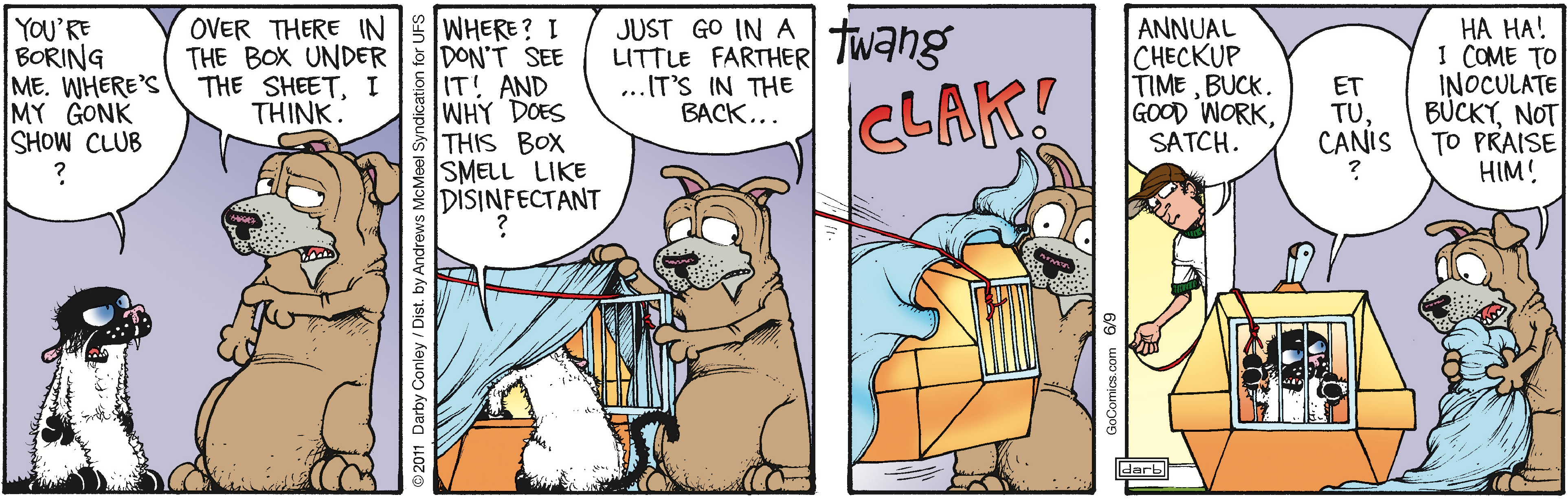 A cartoon strip featuring a dog and a cat discussing a box under a sheet. The cat expresses confusion about the box's contents and its disinfectant smell. The dog humorously reveals that it's time for an annual checkup, while a man holds a small animal in a cage. The scene captures a lighthearted moment of veterinary care and pet humor.