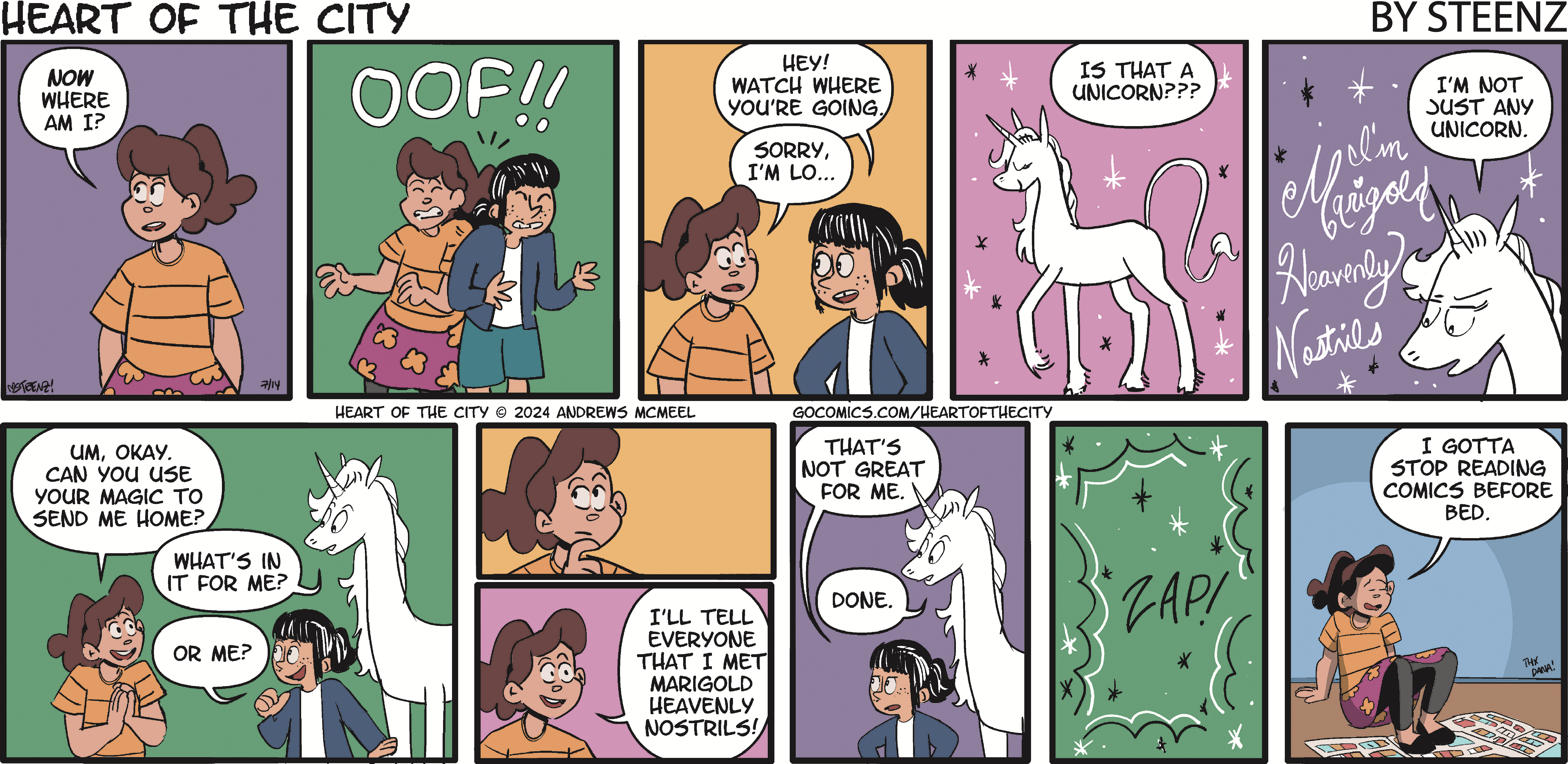 Comic strip featuring two girls discussing various topics, including unicorns and personal experiences. One girl appears apologetic while the other expresses her thoughts humorously. The background includes colorful panels with playful illustrations.