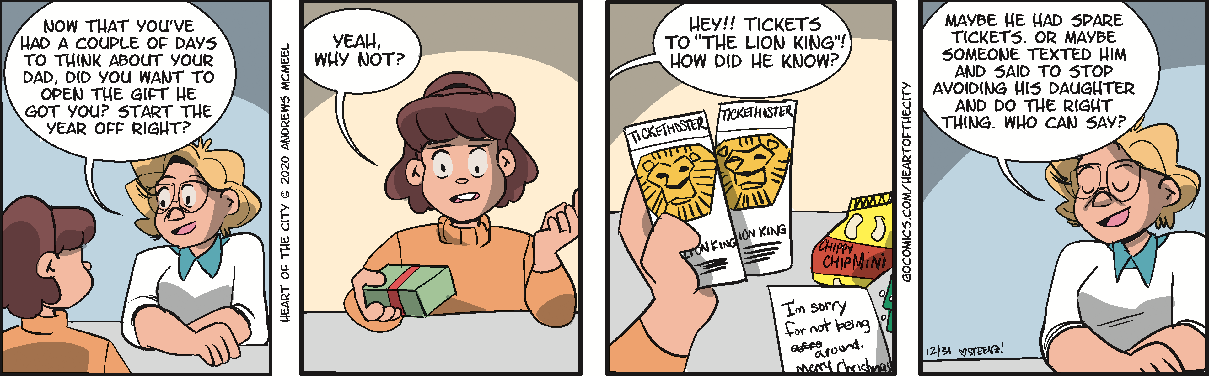 A surprised girl holding a green box looks at two tickets for 