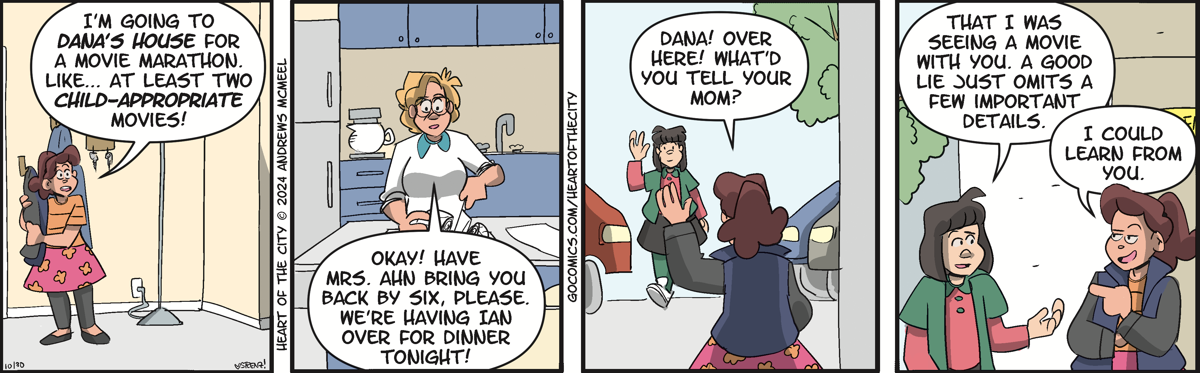 A cartoon image depicting two scenes: on the left, a woman in a kitchen holding a disk and asking another character about dinner plans; on the right, a girl waving and calling out to a woman, presumably her mother, asking what she told her mom. The image captures a lighthearted family interaction.