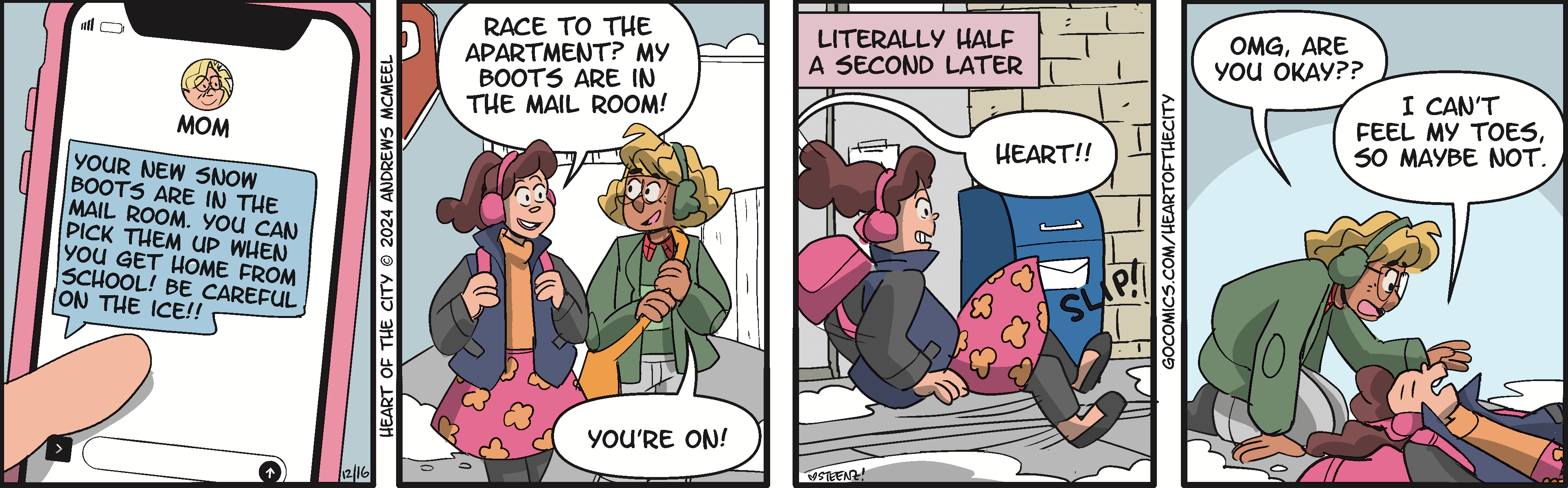 Two cartoon characters in a comic strip. On the left, one character with curly hair and headphones excitedly announces they are ready, while the other character, wearing a pink hat, smiles back. On the right, the same character in a winter coat and pink backpack humorously remarks 