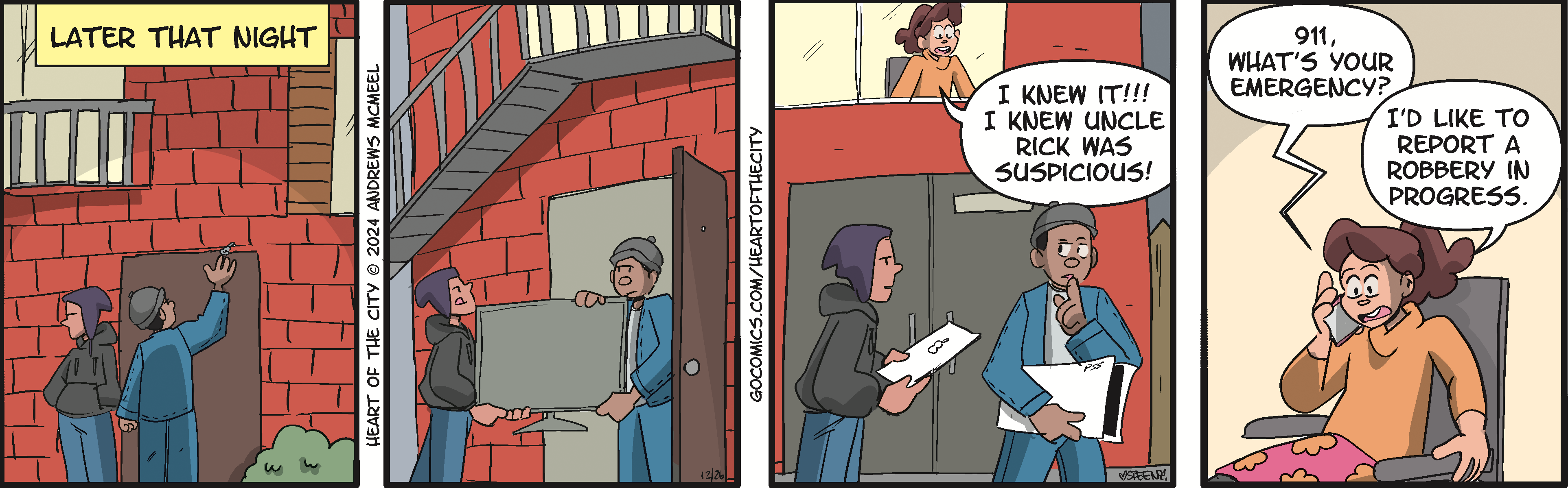 Two-panel comic depicting a conversation between two characters outside a building. The first character, wearing a beanie, is opening a door while the second character, dressed in a hoodie, holds a paper and appears frustrated. A woman in an upper window observes the interaction. The scene conveys a humorous exchange about a situation they are involved in.