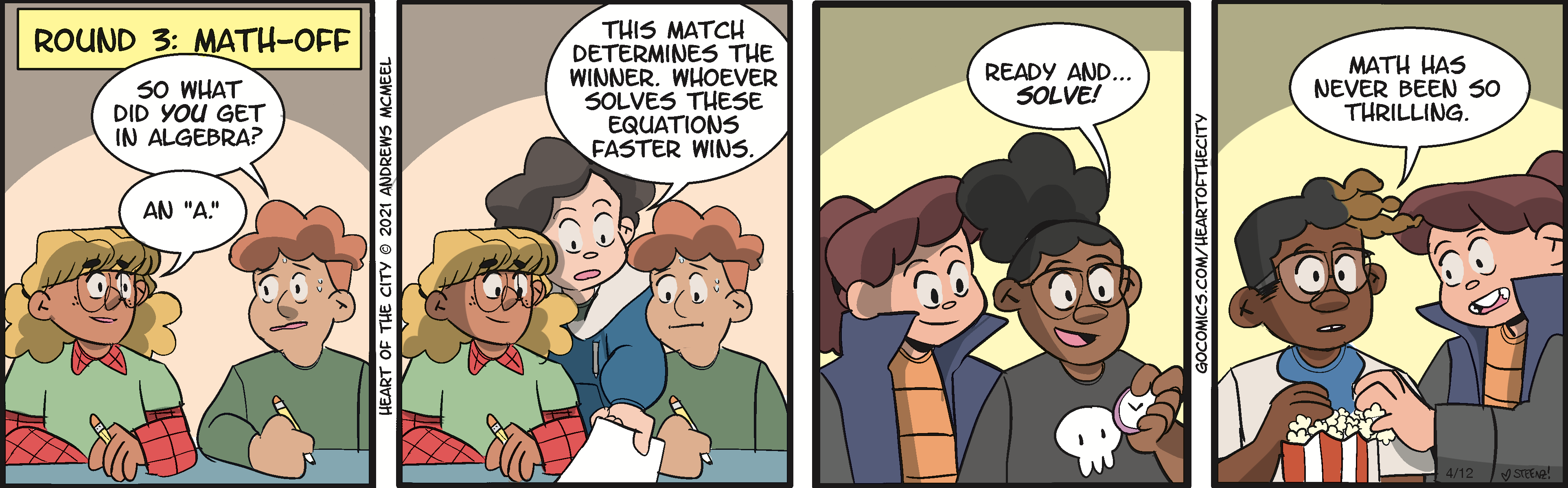 Two panels from a comic strip showing a competitive math match. The left panel features three characters discussing the rules, emphasizing that the winner is the one who solves equations the fastest. The right panel shows two characters preparing for the competition, conveying excitement and determination.