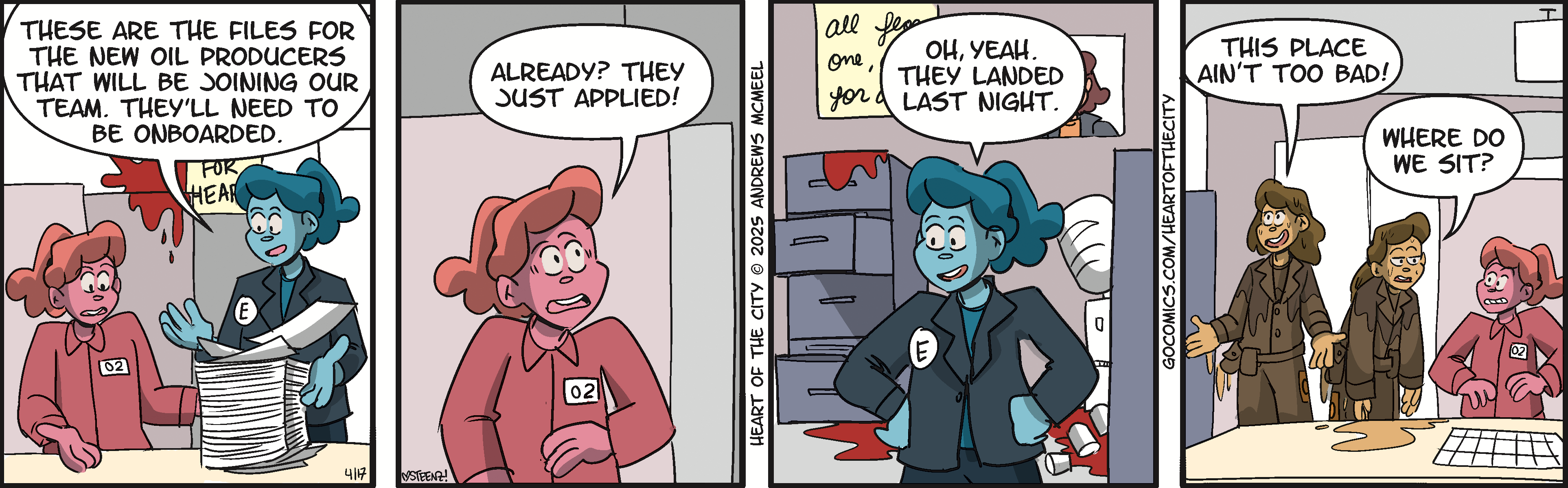 Comic strip depicting a humorous office scene where characters discuss onboarding new oil producers. The dialogue highlights surprise over the quick hiring process, showcasing the chaotic work environment with papers and spilled substances. The characters express curiosity about their seating arrangements in the office.