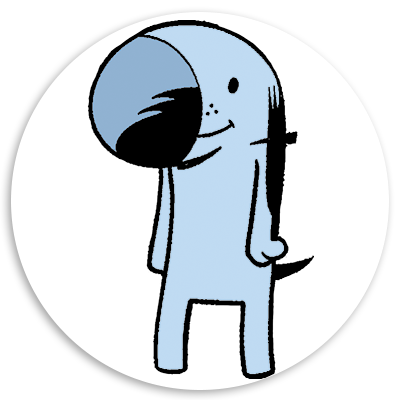 Cartoon character of a blue dog with a large nose, standing upright and smiling against a white circular background.