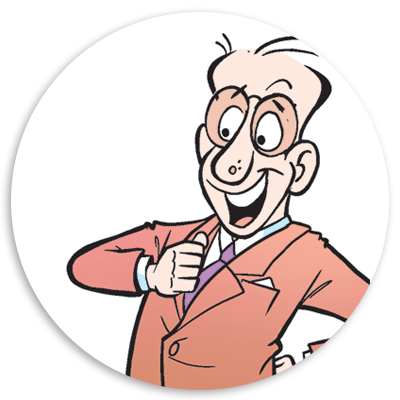 Cartoon character in a suit giving a thumbs up, showcasing a cheerful and confident demeanor, set against a circular background.