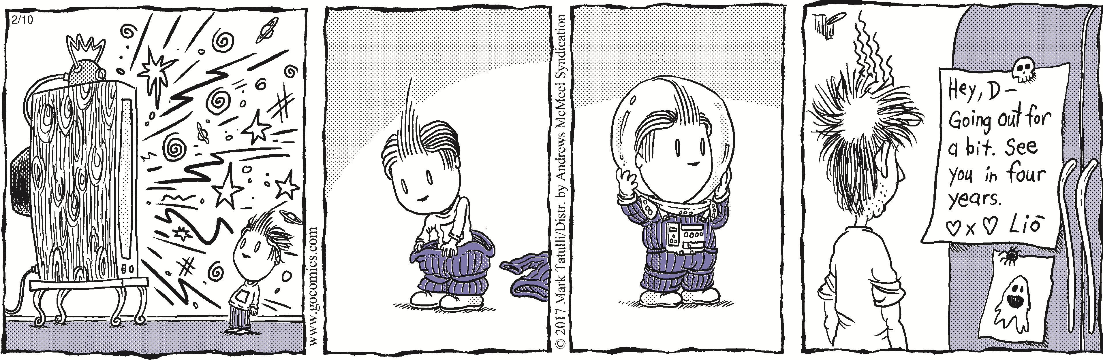 Comic strip featuring a character interacting with a mysterious object that emits colorful bursts. The second panel shows the character in a space suit, while the final panel displays a note left by a friend, signed with a heart. The illustration combines whimsical elements and humor, capturing a playful narrative.