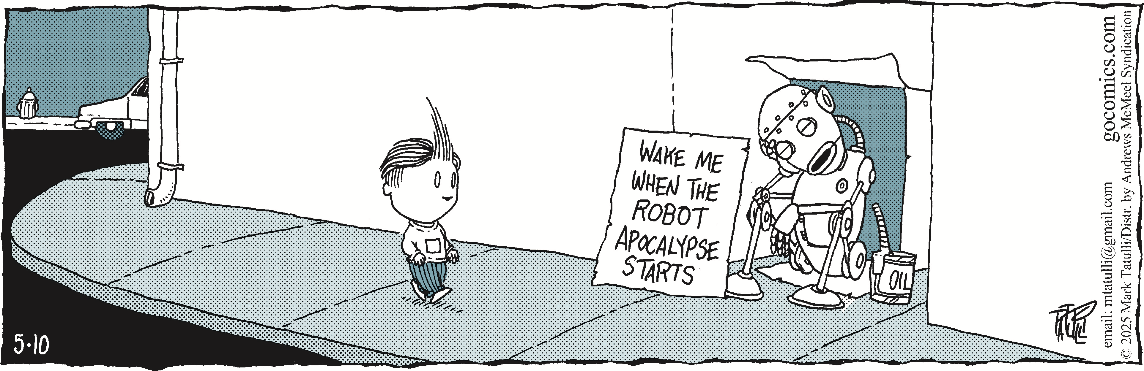 A cartoon depicting a young boy with spiky hair walking on the sidewalk, passing a robot holding a sign that reads 