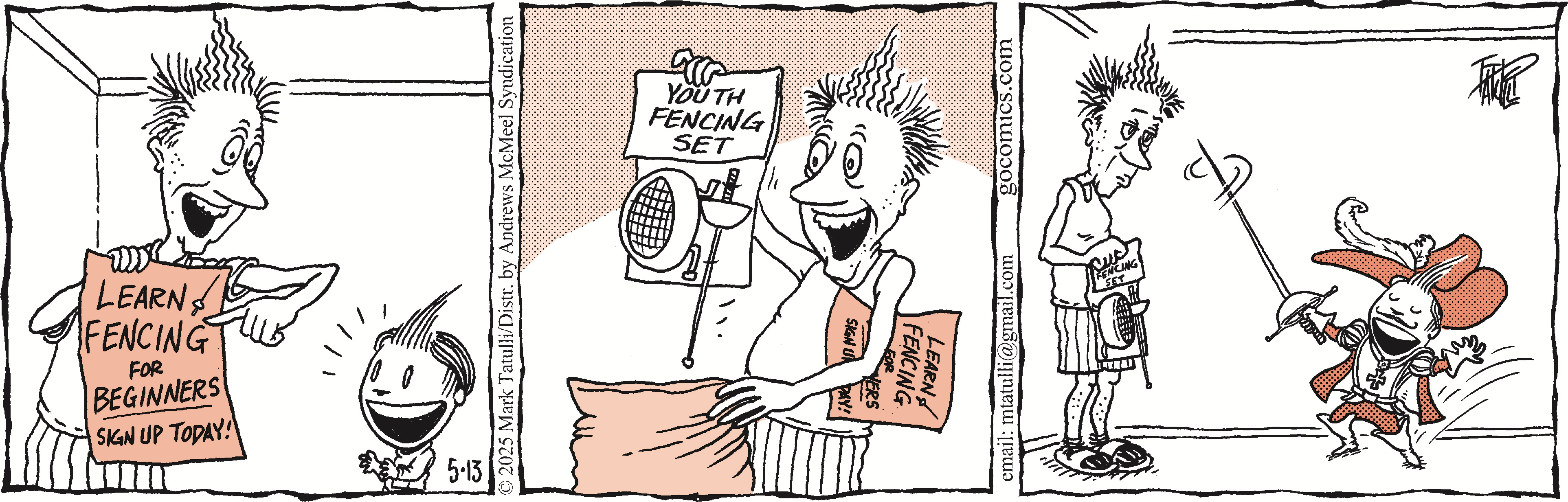 A comic strip illustrating the journey of a character excited about learning fencing. The first panel promotes a beginners' fencing class, the second features a youth fencing set, and the third showcases a character in a playful fencing outfit. This lighthearted depiction emphasizes the fun and accessibility of starting fencing.
