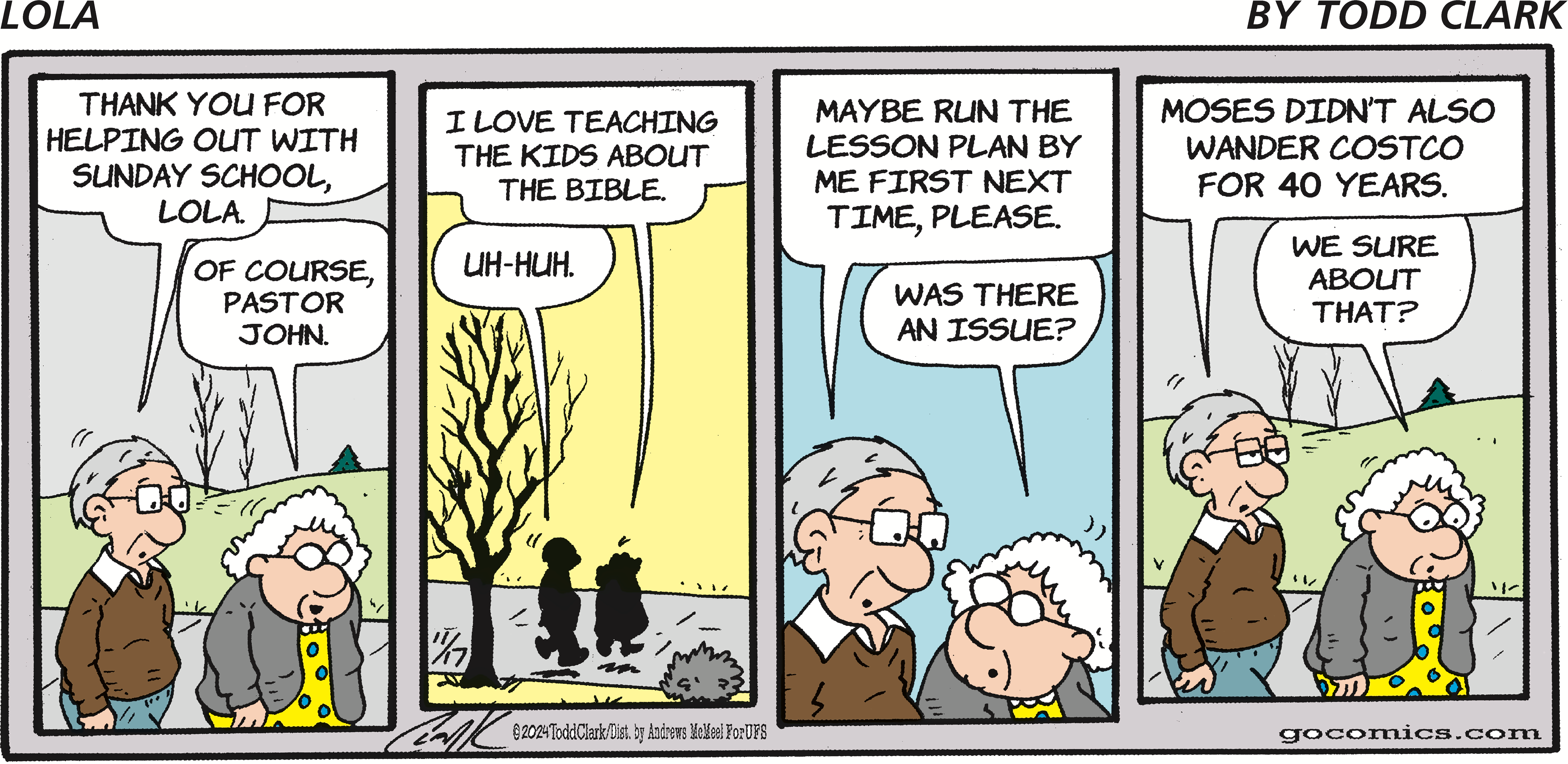 Comic strip featuring characters Lola and Pastor John discussing Sunday school. Lola expresses her enjoyment in teaching kids about the Bible, while Pastor John suggests reviewing lesson plans beforehand. The conversation humorously references Moses and Costco, showcasing their lighthearted banter.