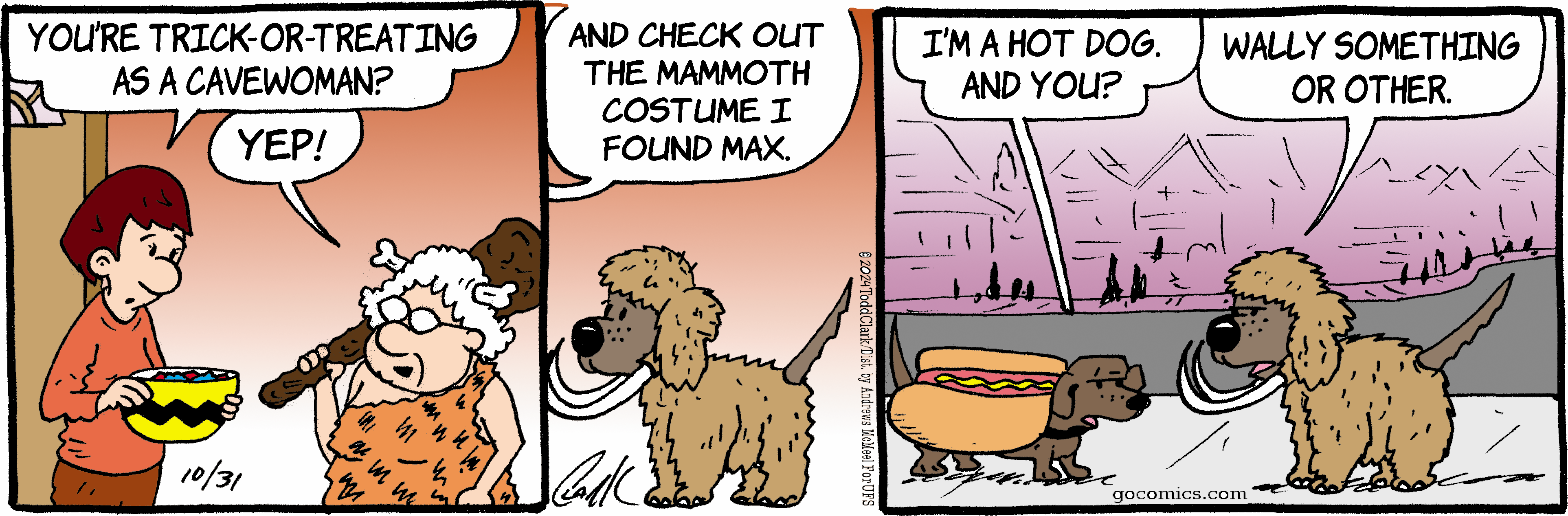 Cartoon depicting two dogs in conversation; one dog shows off a mammoth costume, while the other dog humorously identifies as a hot dog. Bright colors and playful expressions highlight the whimsical nature of the scene.