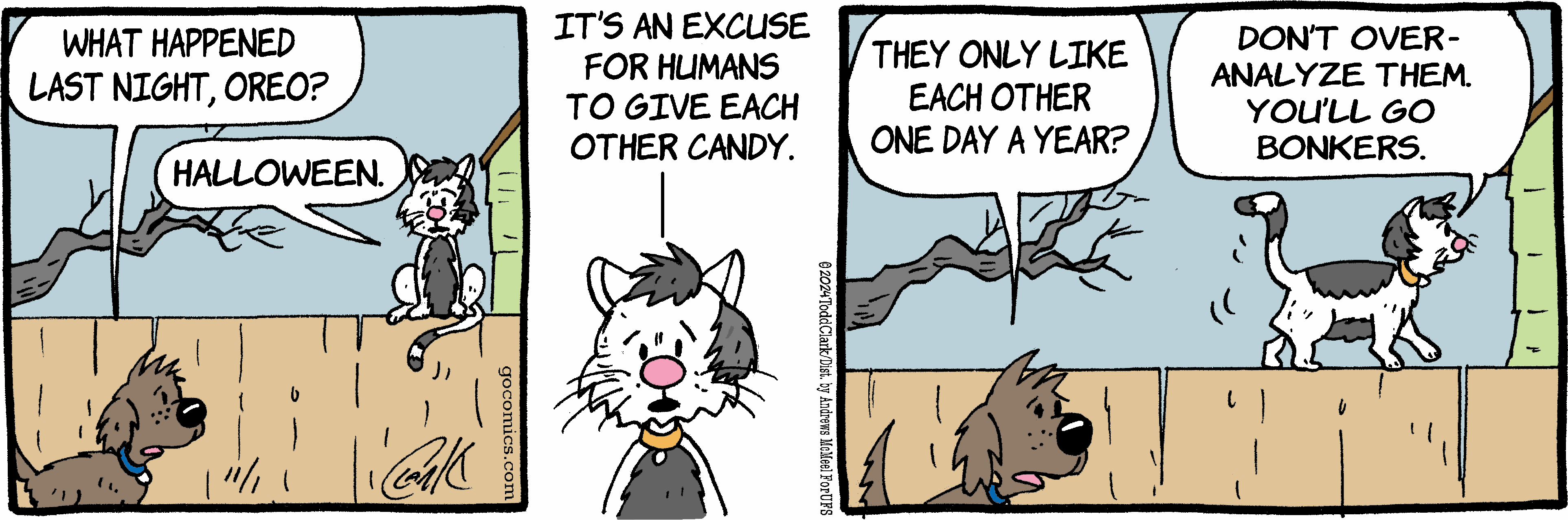 Cartoon featuring a cat character discussing Halloween as an excuse for humans to give each other candy, with a contrasting image of two other animals observing the conversation.