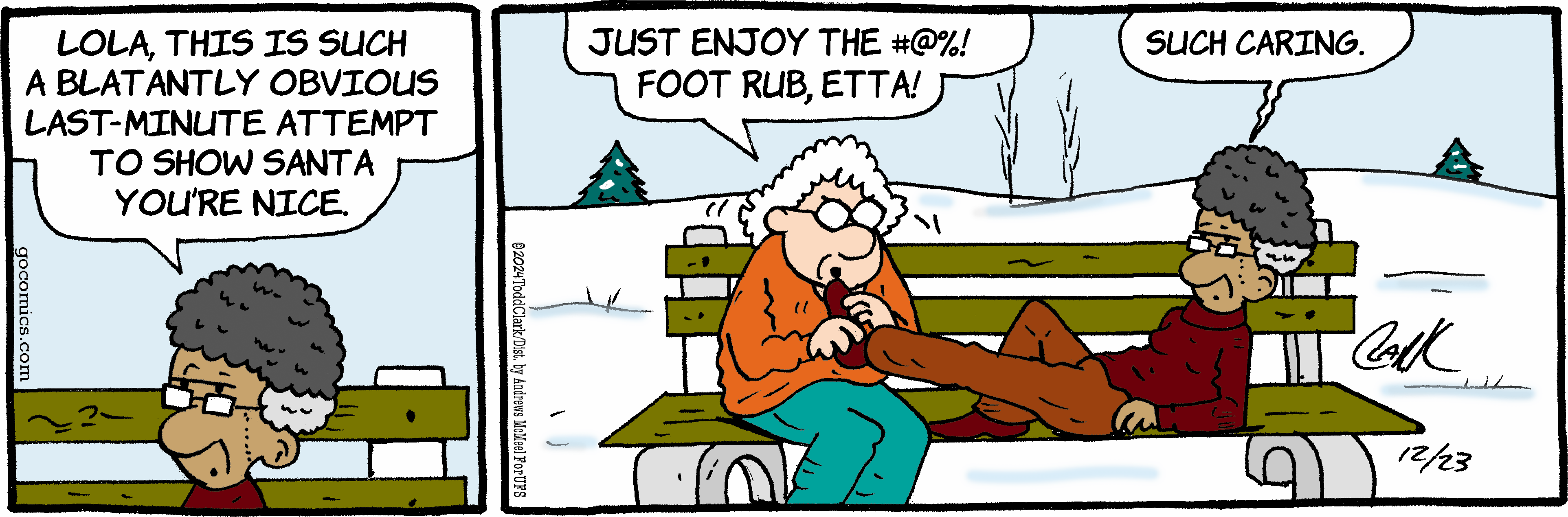 A humorous comic strip featuring two elderly characters sitting on a park bench in a snowy landscape. One character is giving a foot rub while expressing sarcasm about the other's intentions to impress Santa Claus. The scene captures a light-hearted moment of friendship and playful banter.