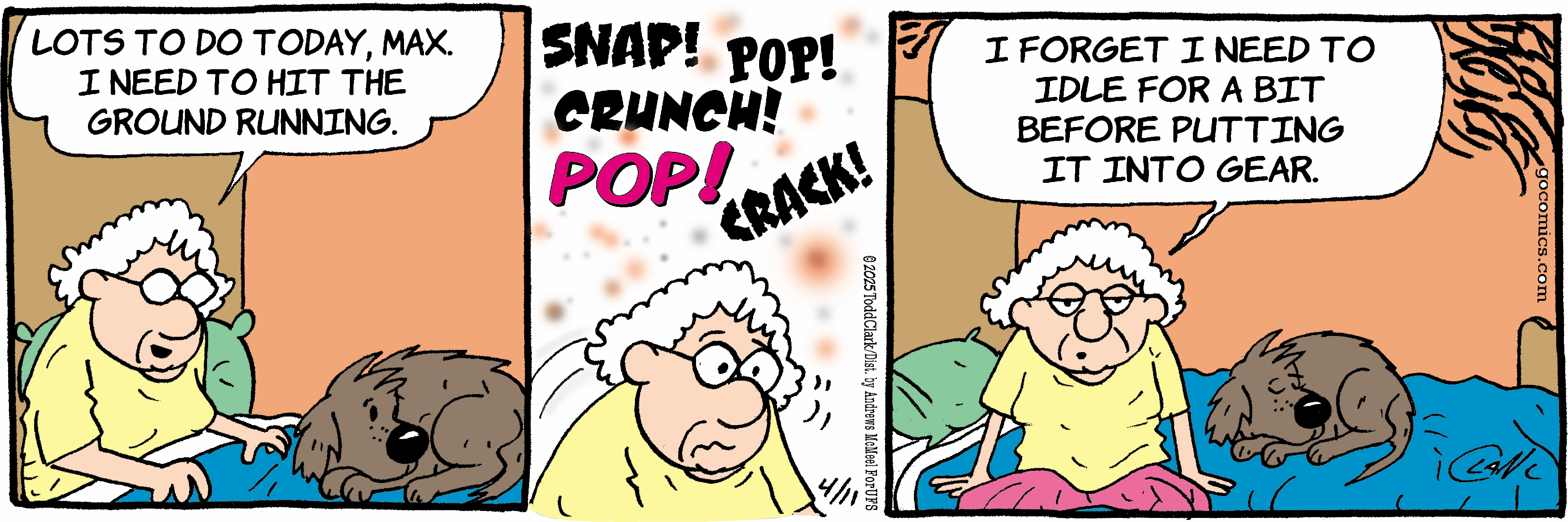 Comic strip featuring an elderly woman experiencing various sounds like 