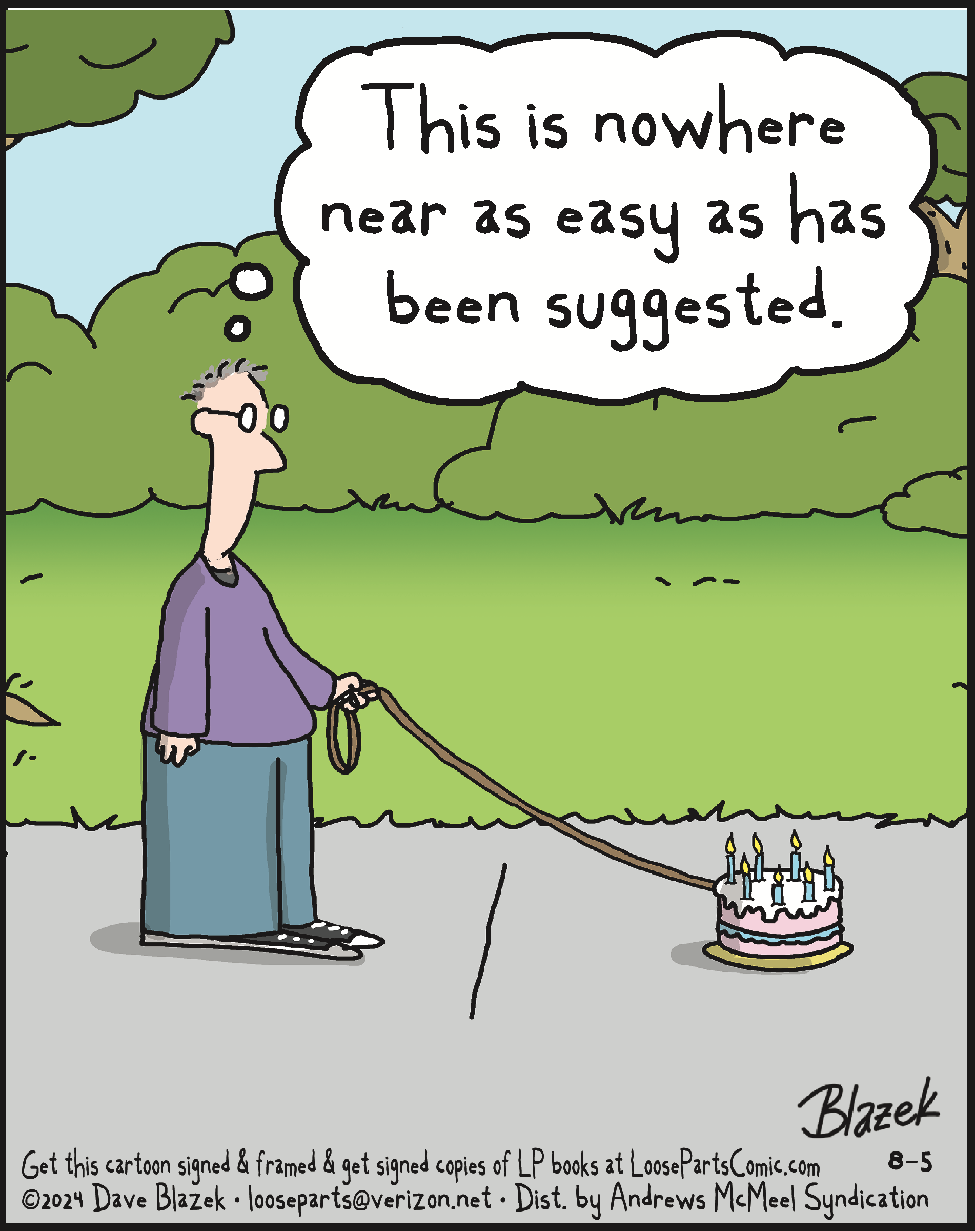 Cartoon depicting a man with a leash attached to a cake, expressing frustration with a humorous quote about expectations versus reality. The scene is set in a park with trees in the background, emphasizing the lighthearted nature of the comic.