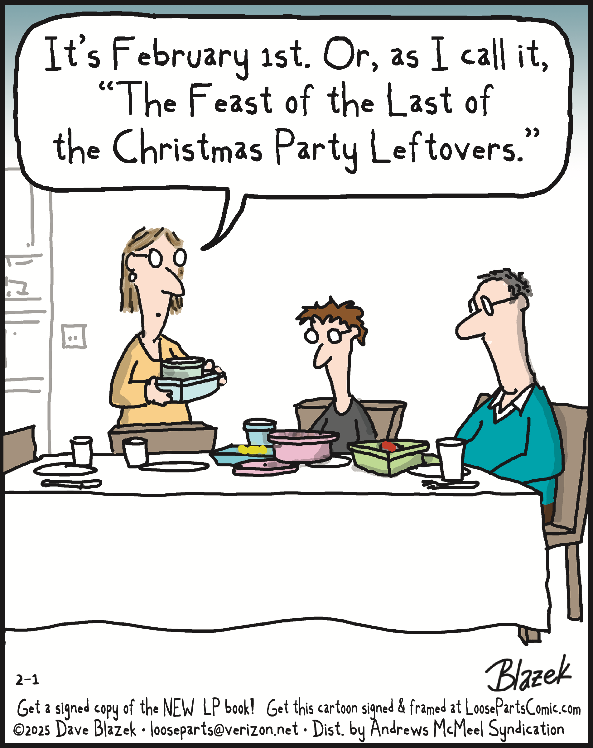 Cartoon depicting a family at a dining table with a woman serving food to two men. The scene humorously highlights the concept of eating leftover food after a Christmas party.