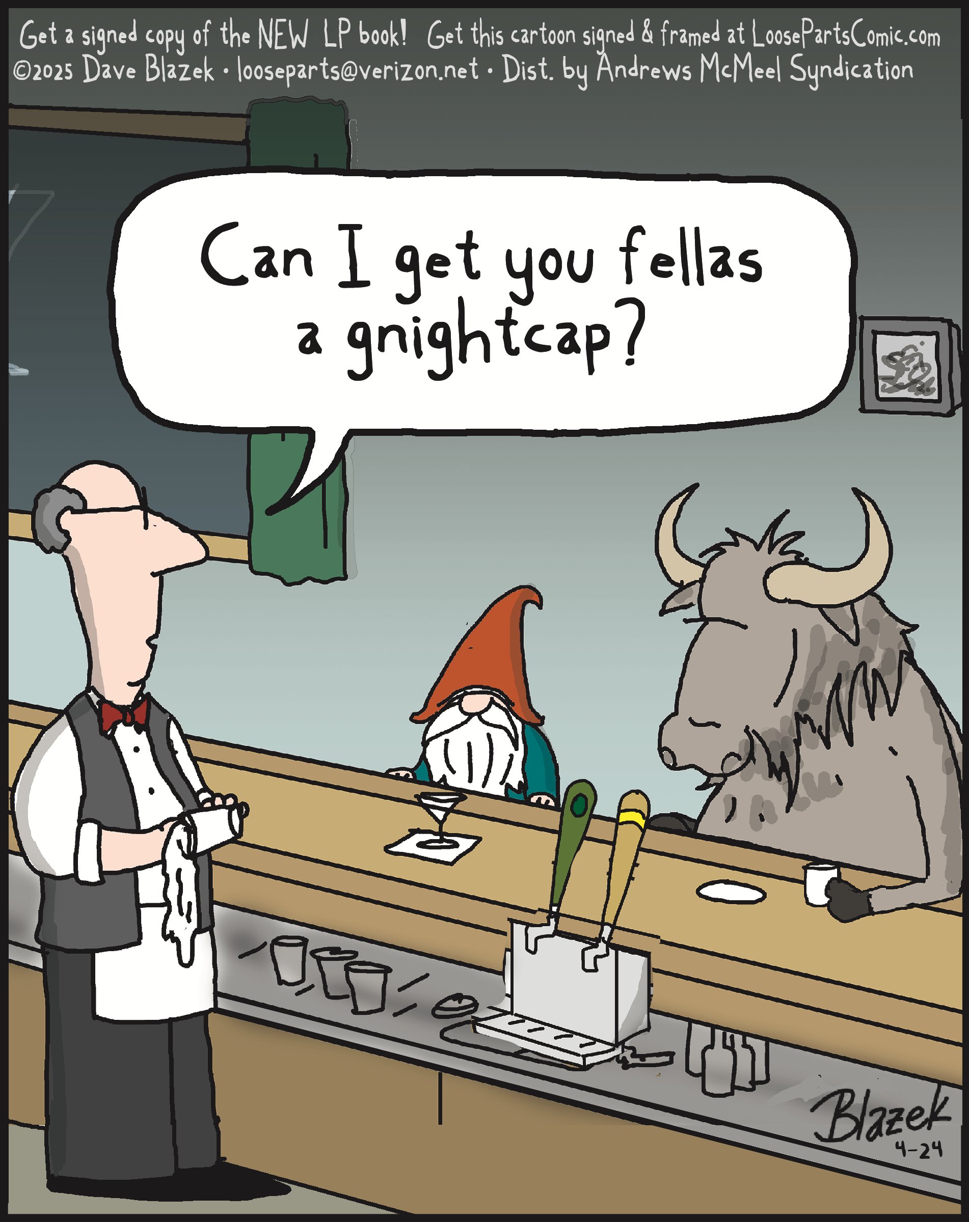 Cartoon depicting a humorous scene at a bar where a bartender, a gnome, and a bull are present. The bartender asks if they would like a nightcap, highlighting the playful interaction among the characters. The setting features a bar counter with drinks and bar tools, emphasizing a whimsical nightlife theme.
