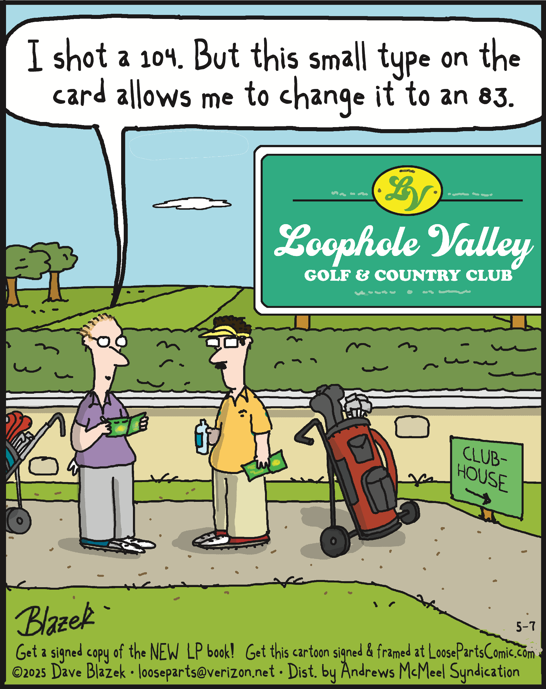 Two cartoon characters stand outside Loophole Valley Golf & Country Club, discussing how a card allows one of them to change his score to an 83. Golf clubs and bags are visible, indicating a casual conversation about golfing.