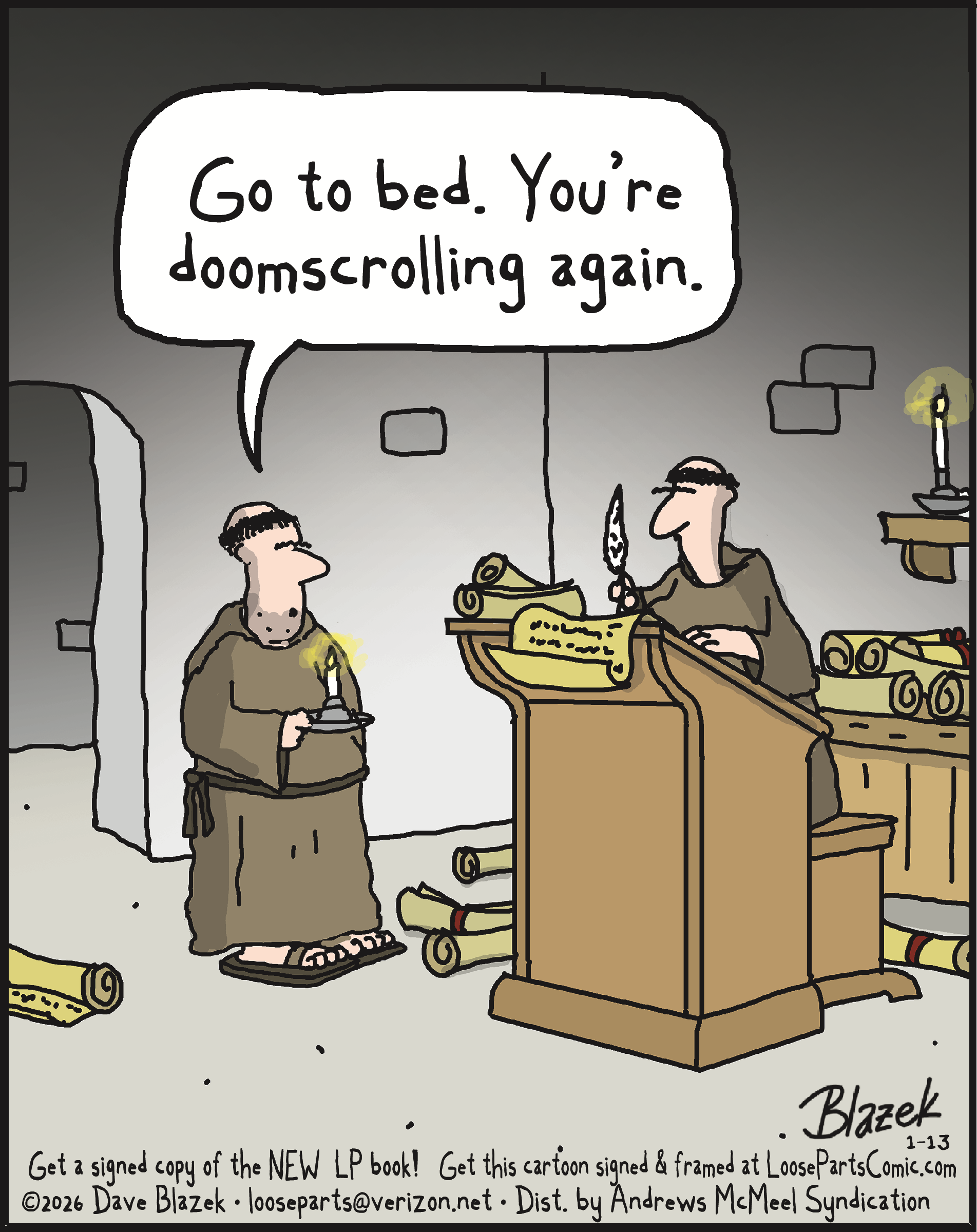 Cartoon depicting two monks in a dimly lit room, one admonishing the other for 
