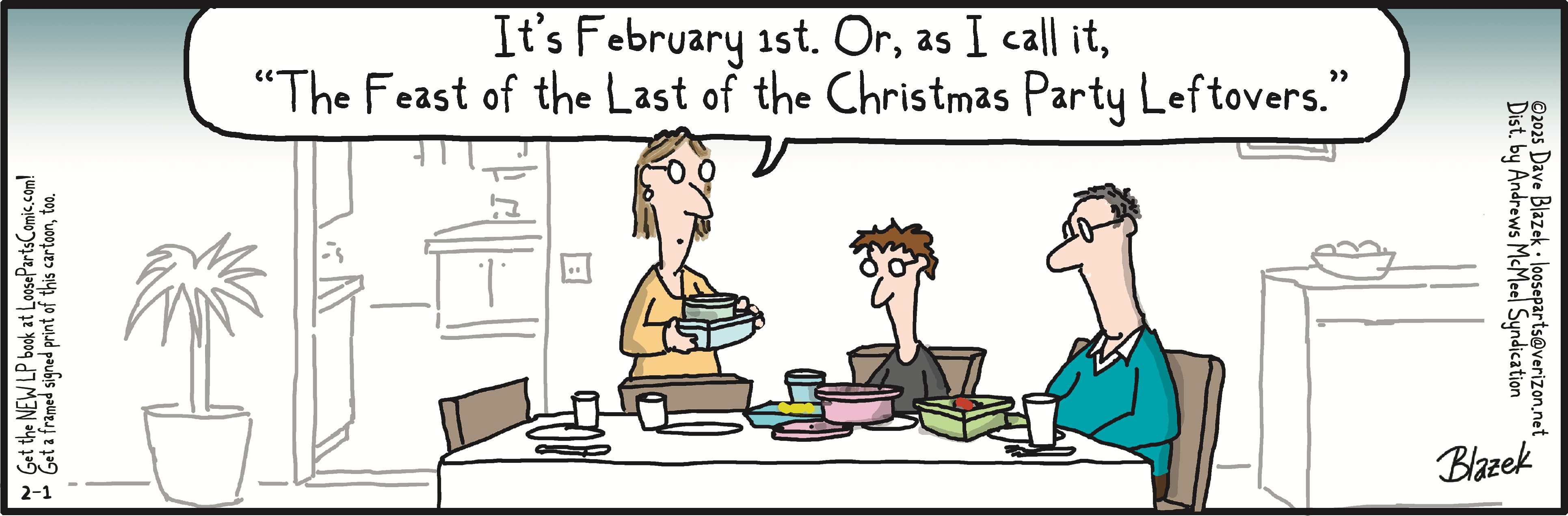 A humorous cartoon depicting a woman serving leftovers on February 1st, humorously referred to as 