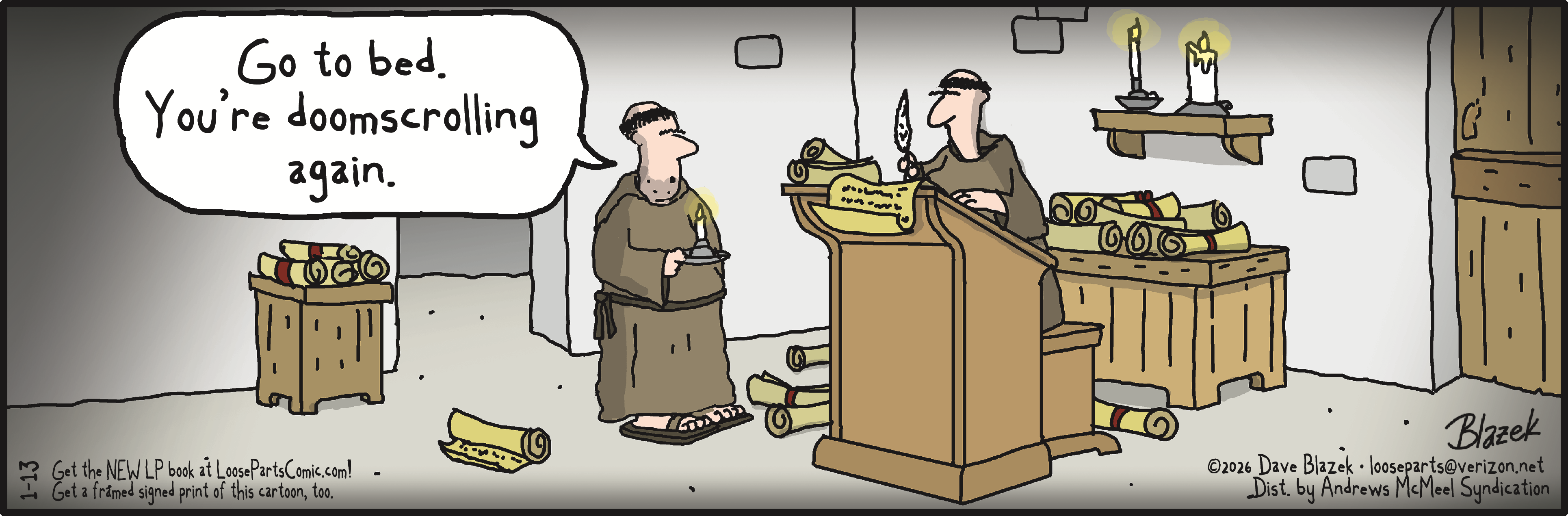 A humorous cartoon depicting a monk holding a candle and a scroll, telling another monk at a podium to go to bed due to doomsurfing. The scene is set in a dimly lit room with scrolls scattered around, highlighting the theme of procrastination in a humorous light.
