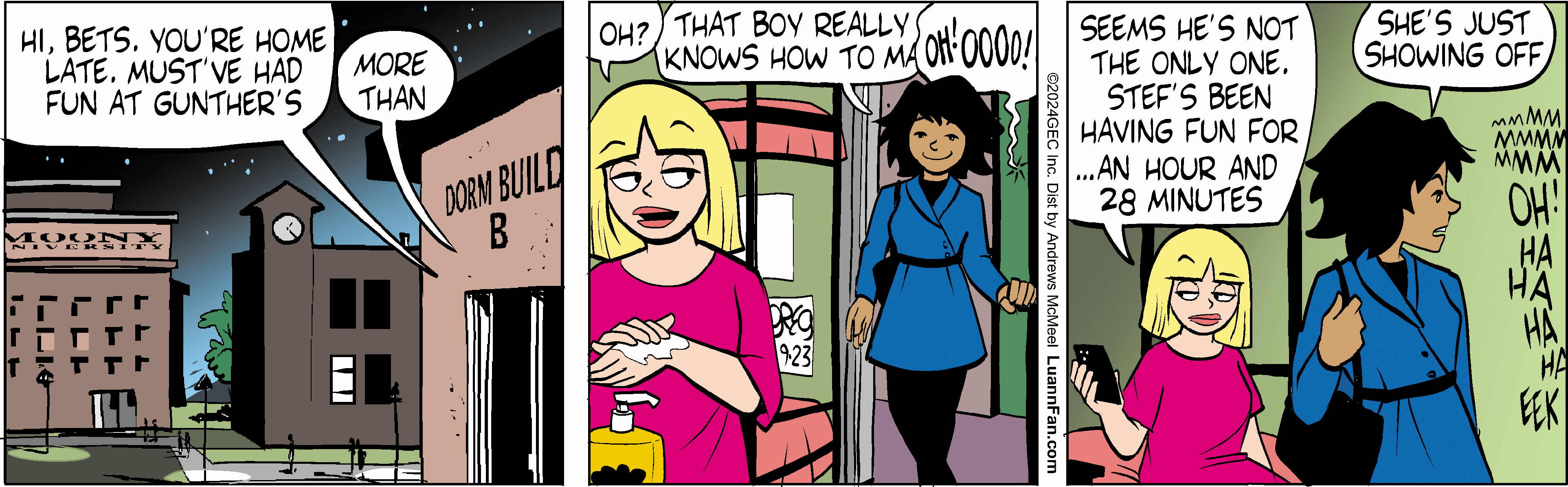 Two cartoon women are depicted in a comic strip. One woman with blonde hair is standing in a room, smiling and holding a bottle of lotion, while the other woman with black hair enters the room, wearing a blue coat. The scene suggests a lighthearted conversation, with the blonde woman expressing admiration.