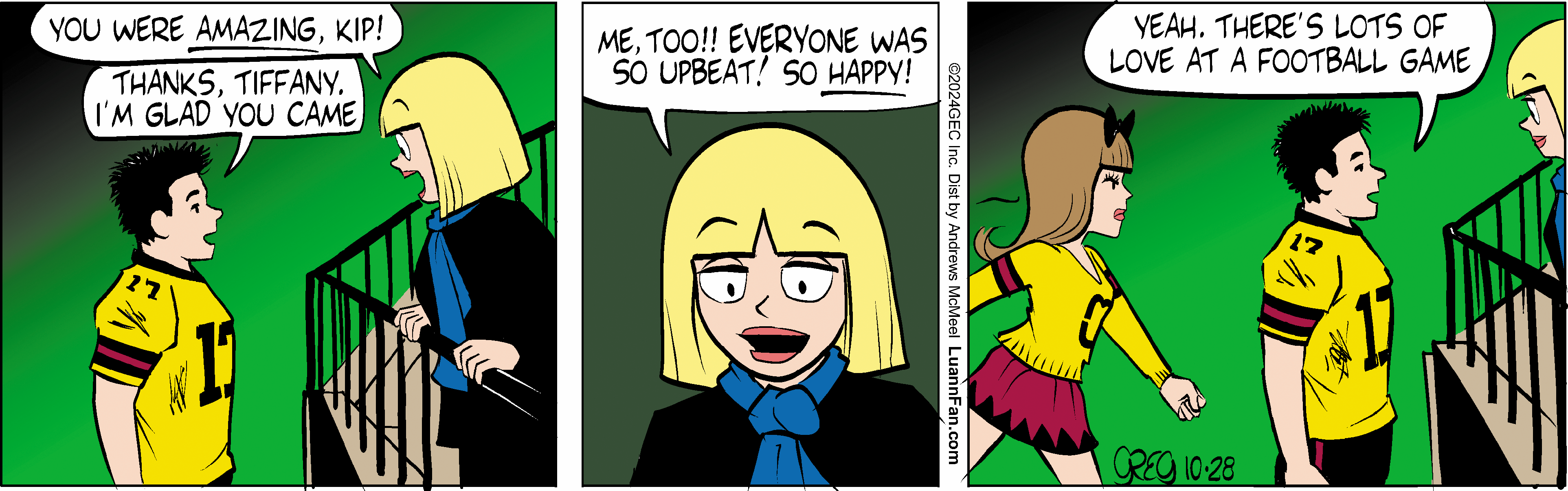 A comic strip featuring three panels with characters discussing their positive experiences at a football game. The first panel shows a boy in a yellow jersey receiving praise from a girl. The second panel highlights the girl's excitement about the upbeat atmosphere. The third panel includes another girl in a cheerleader outfit, affirming the joy present at the game.