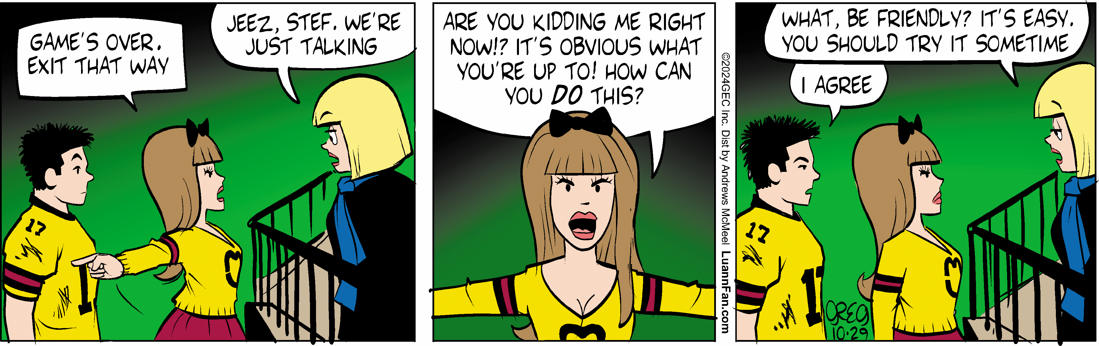 A comic strip featuring a character with long brown hair in a yellow shirt, expressing frustration and disbelief with raised arms and an angry expression, accompanied by a speech bubble conveying their feelings.