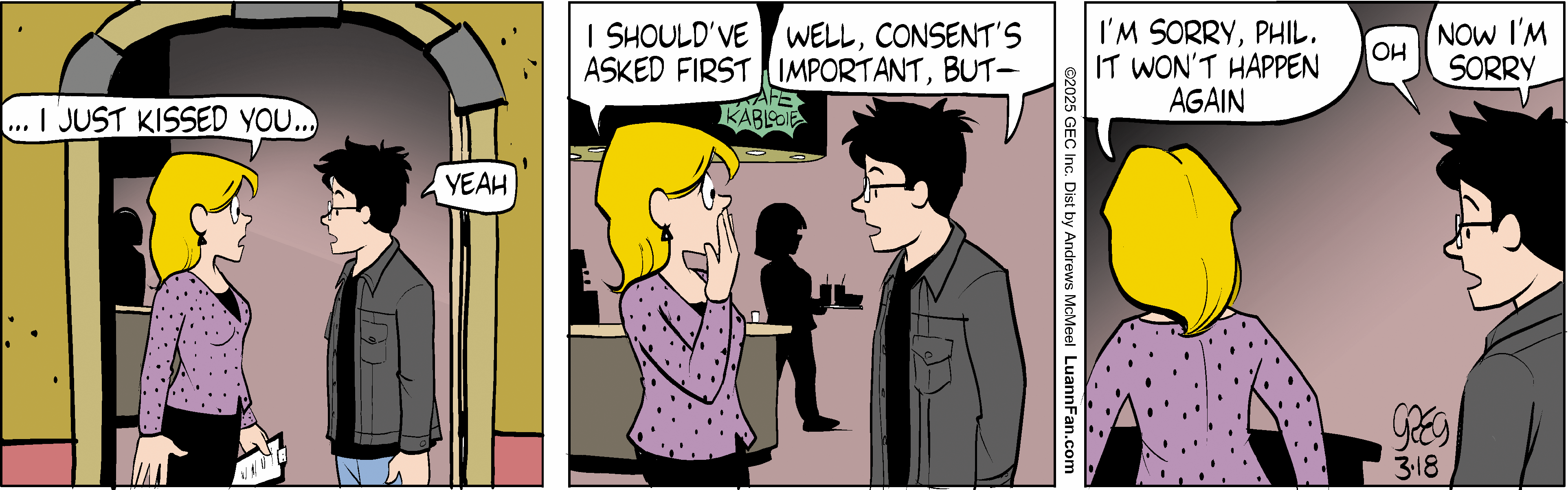 A comic strip featuring two characters, a blonde woman and a man with glasses, discussing a kiss. The woman expresses surprise about the kiss, while the man acknowledges the importance of consent and apologizes, indicating a moment of awkwardness in their interaction. The setting appears to be a casual social environment.