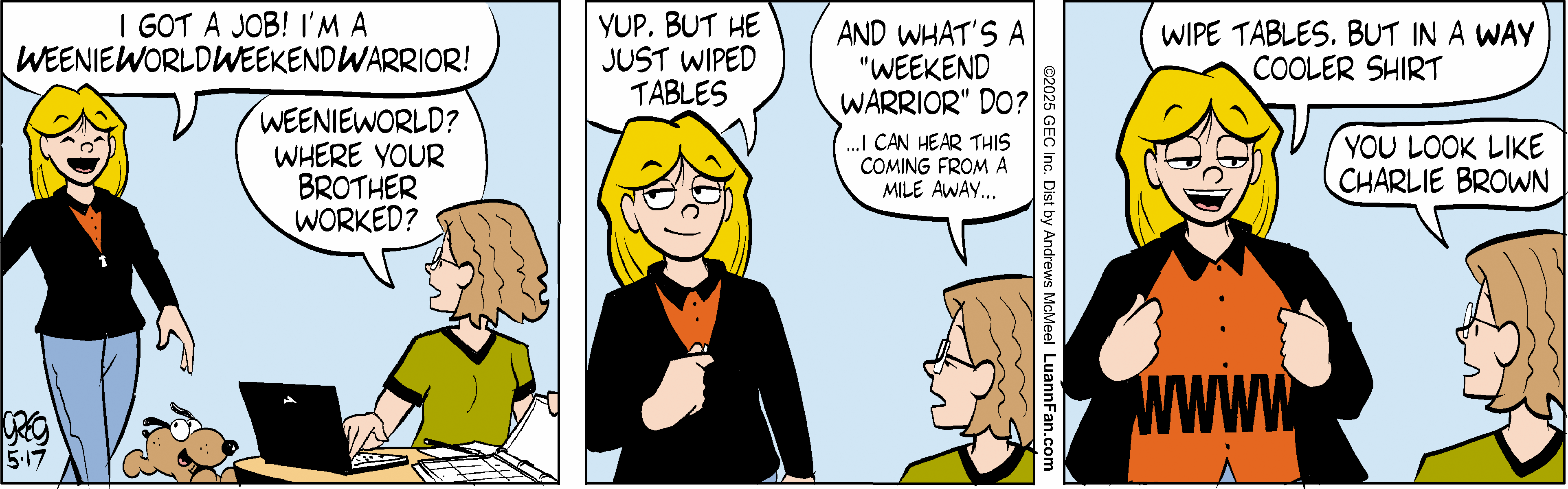 Comic strip featuring a character excited about getting a job as a 