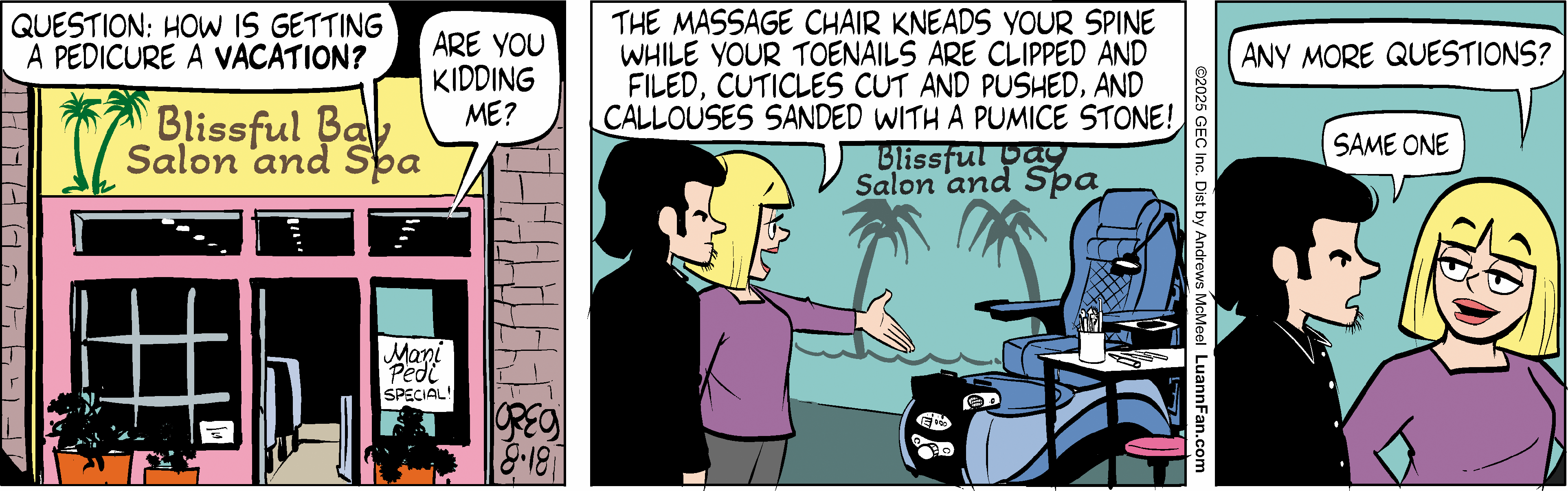 Cartoon depicting a woman explaining a massage chair's features at Blissful Joy Salon and Spa, highlighting the simultaneous pampering of toenails and foot care services.