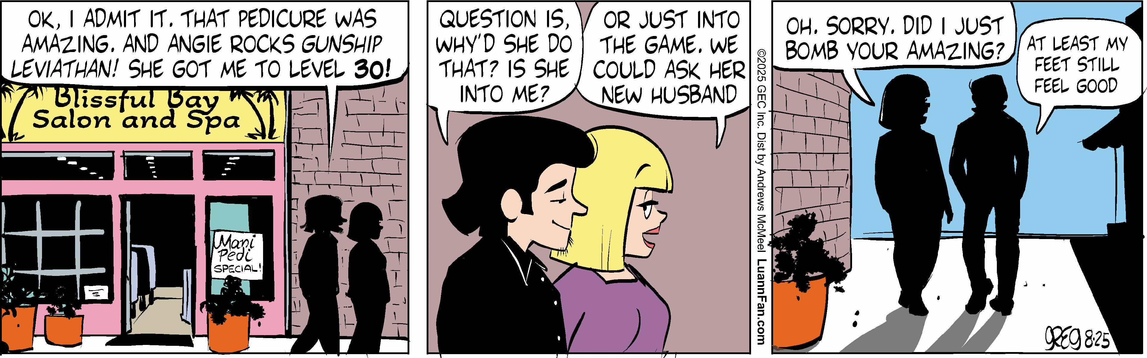 Comic strip featuring two characters discussing a pedicure experience at Blissful Bay Salon and Spa. One character expresses enjoyment of the service and mentions reaching level 30 in a game, while the other ponders the intentions of a mutual acquaintance. The scene highlights humor and friendship in a casual setting.