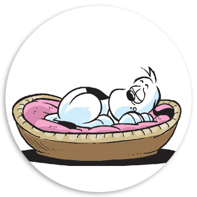 Cartoon dog relaxing on a plush pet bed, showcasing a playful and content expression. Ideal for pet-related content or illustrations of animal comfort.