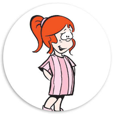 Cartoon character with red hair in a ponytail, wearing a pink striped shirt and black shorts, standing with hands on hips and a confident smile.