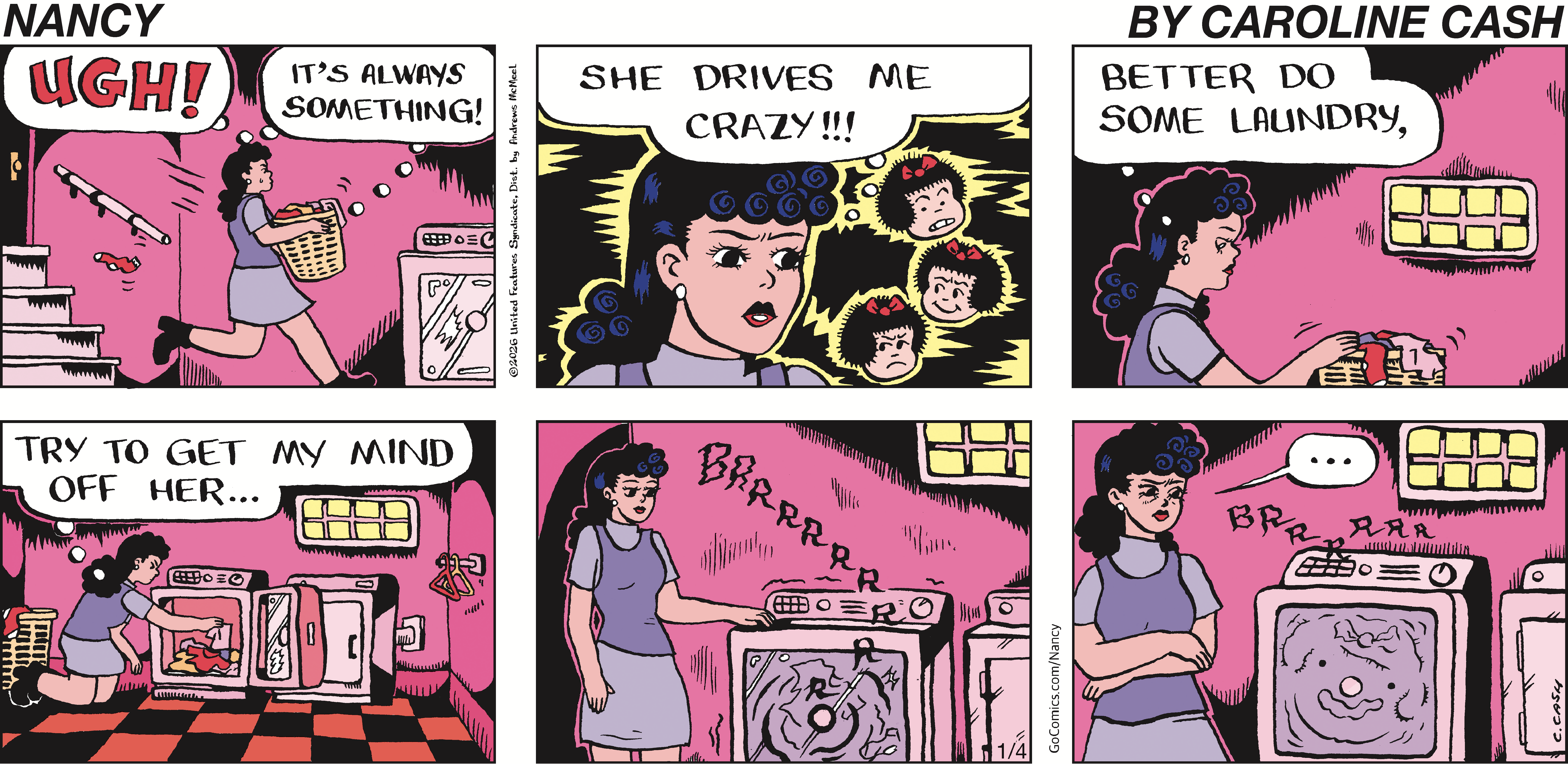 A comic strip featuring a frustrated woman expressing her annoyance with someone, illustrated with exaggerated facial expressions and dialogue. The scene transitions to her interacting with a washing machine, which emits a sound, adding humor to the situation.