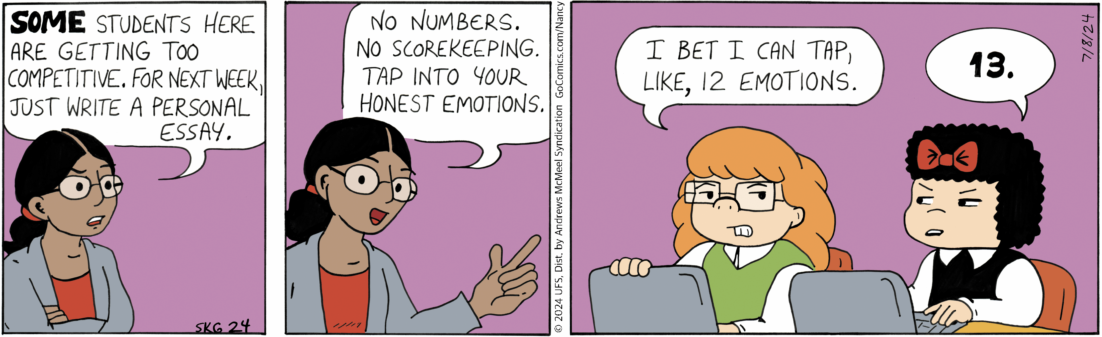 Two-panel comic featuring a conversation about emotions. The first panel shows a woman explaining the importance of understanding feelings over numerical data. The second panel features another woman responding humorously. The background is a soft color, enhancing the light-hearted theme of emotional awareness versus analytical thinking.