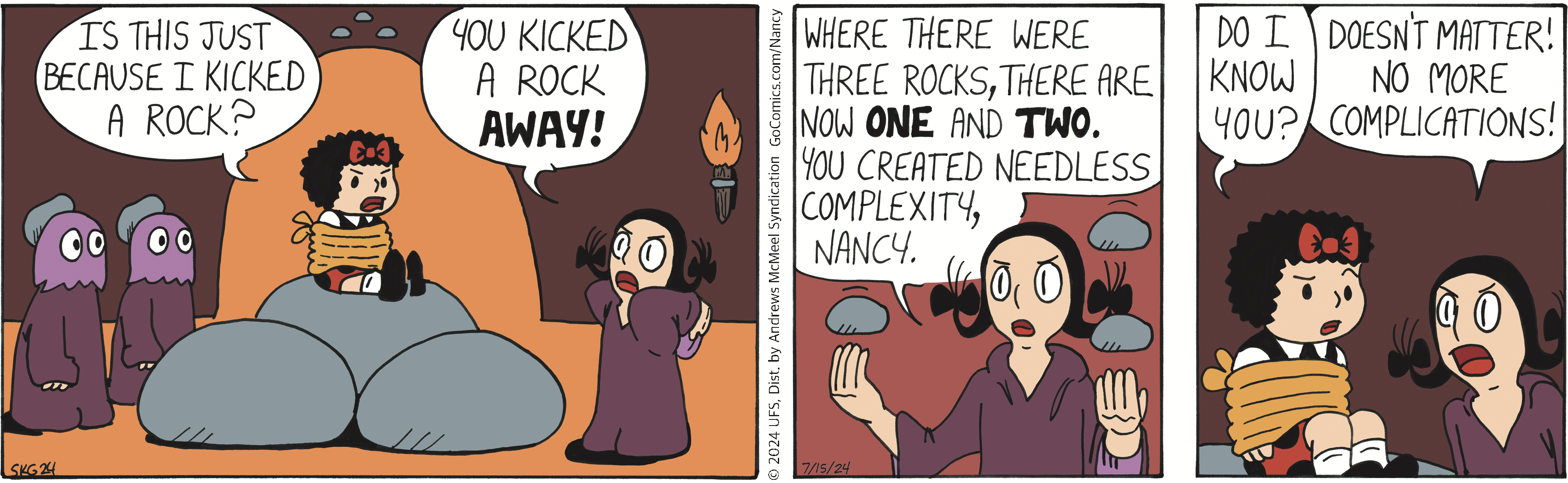 Cartoon featuring a character named Nancy in a dark setting, expressing surprise about a magical transformation of three rocks into one, highlighting a humorous take on complexity and simplicity in a playful manner.