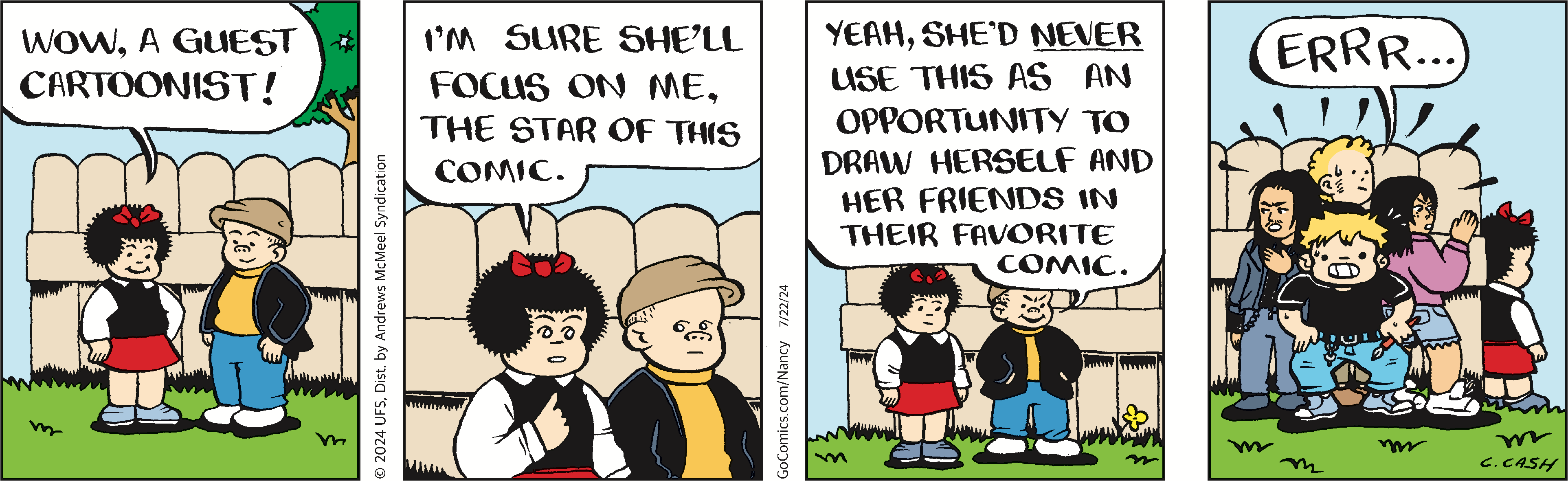 A cartoon panel featuring two children discussing a guest cartoonist. One child expresses excitement, while the other humorously suggests the cartoonist will focus on them as the comic's star. In the background, a group of children seems skeptical, adding to the playful tone of the scene. The comic showcases themes of creativity and childhood imagination.