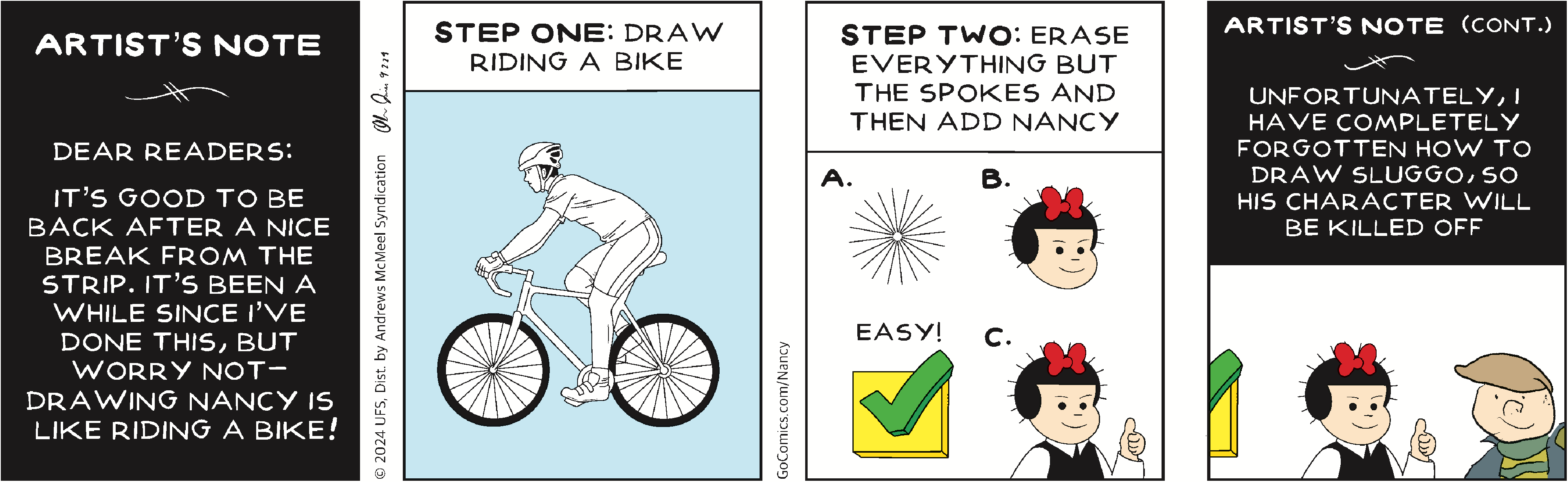 Illustration depicting a two-step guide to drawing a bike. The first step shows a person riding a bike, while the second step includes options for adding details like spokes and a checkmark indicating ease.