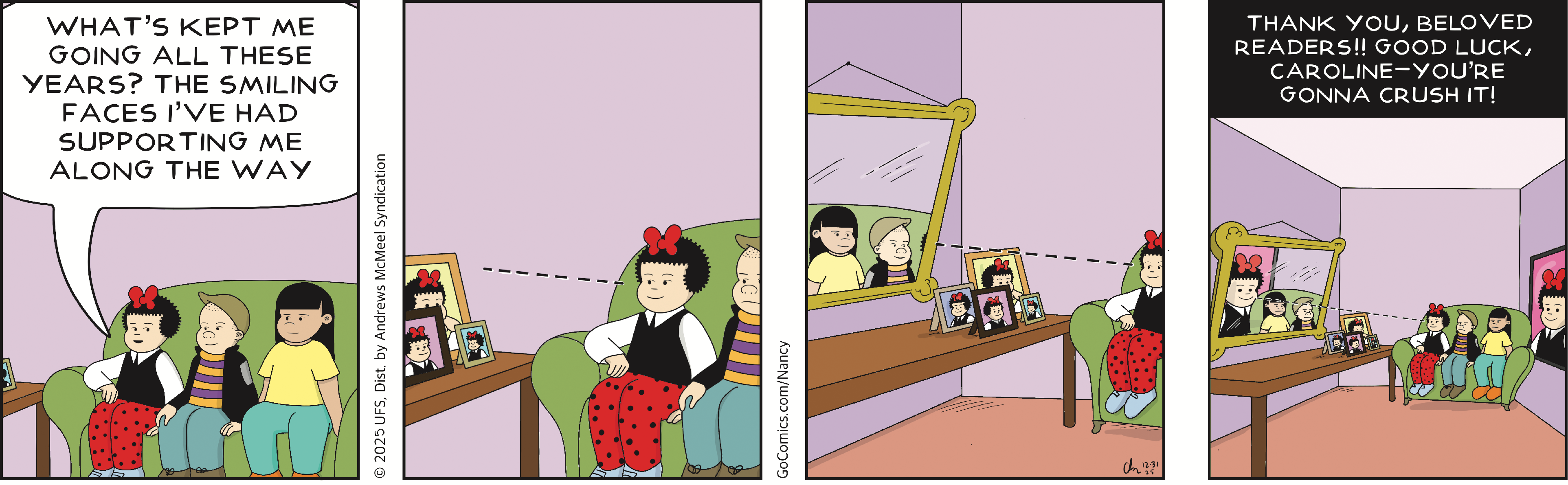 Cartoon depicting characters reflecting on support from friends and family, featuring a cozy living room with a green sofa and a variety of framed photos. The characters express gratitude and encouragement towards a person named Caroline, emphasizing the importance of community and positivity.