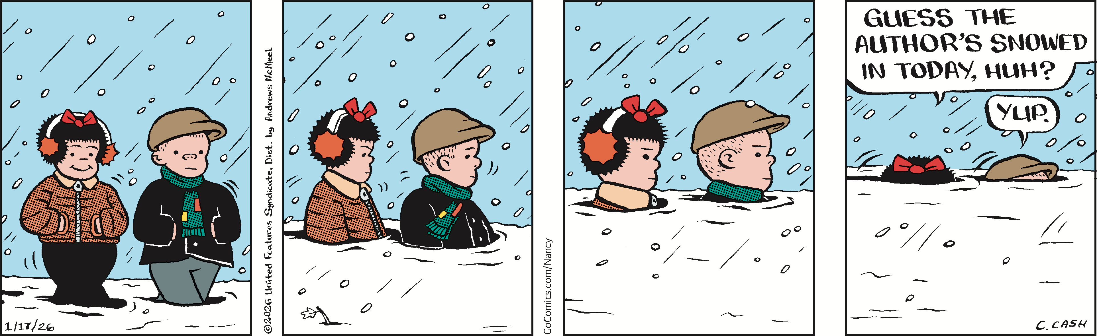 Two children standing in deep snow during a winter snowfall, one wearing a green scarf and hat, the other with earmuffs and a red bow, both looking at each other with expressions of curiosity.