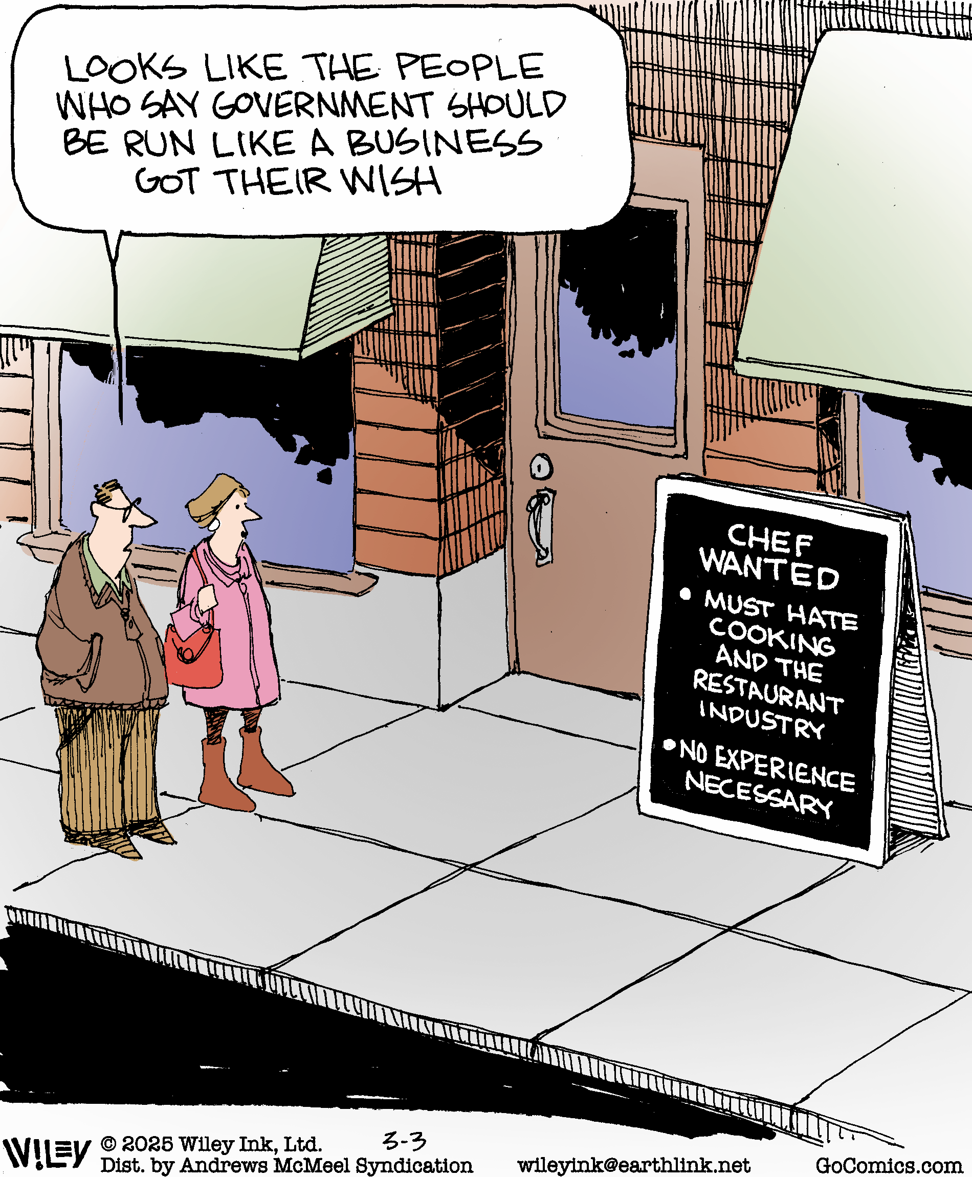 Cartoon depicting two characters discussing a humorous 