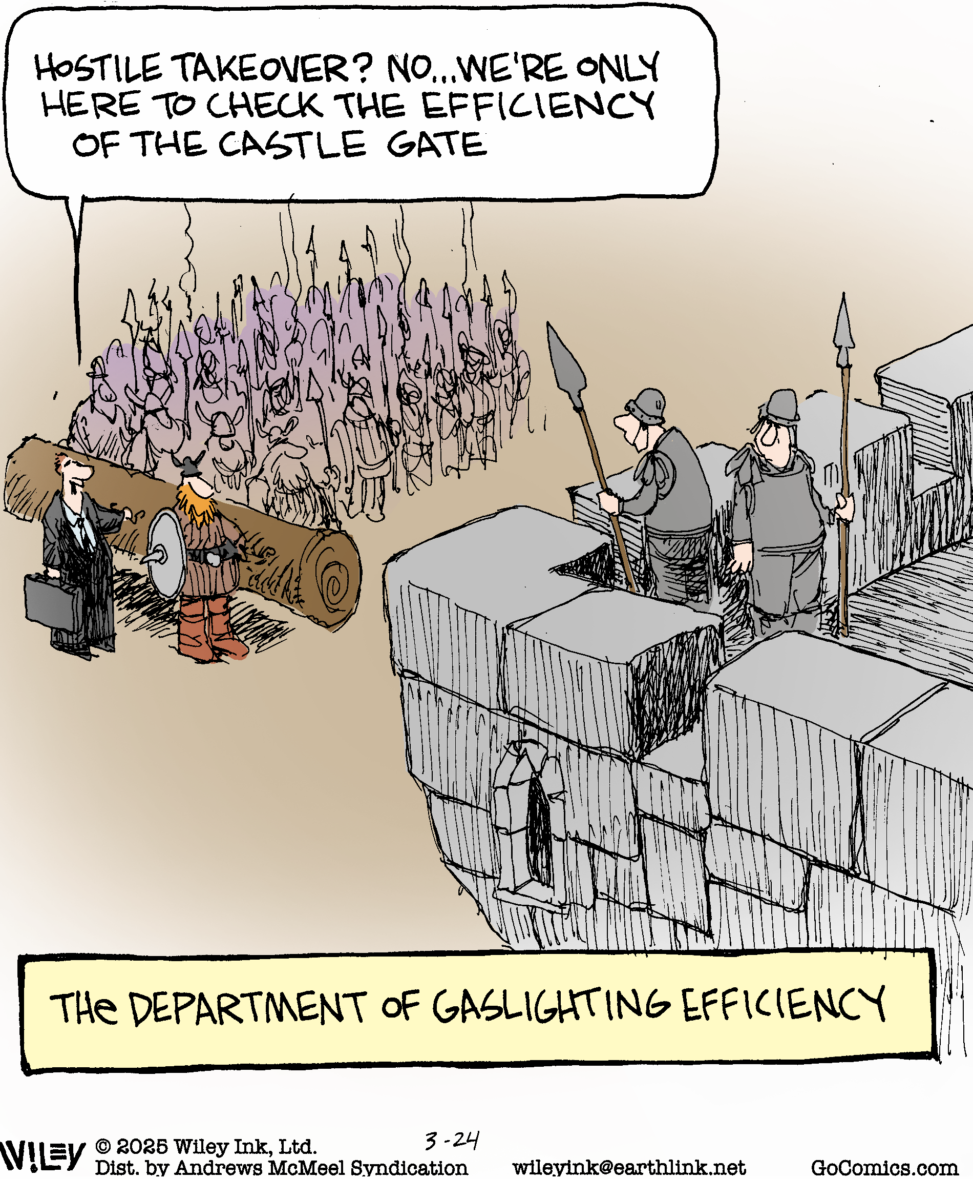 Cartoon depicting a humorous scene where a Viking and a businessman discuss the efficiency of a castle gate while surrounded by armed guards and a crowd, highlighting themes of bureaucracy and miscommunication with the caption 