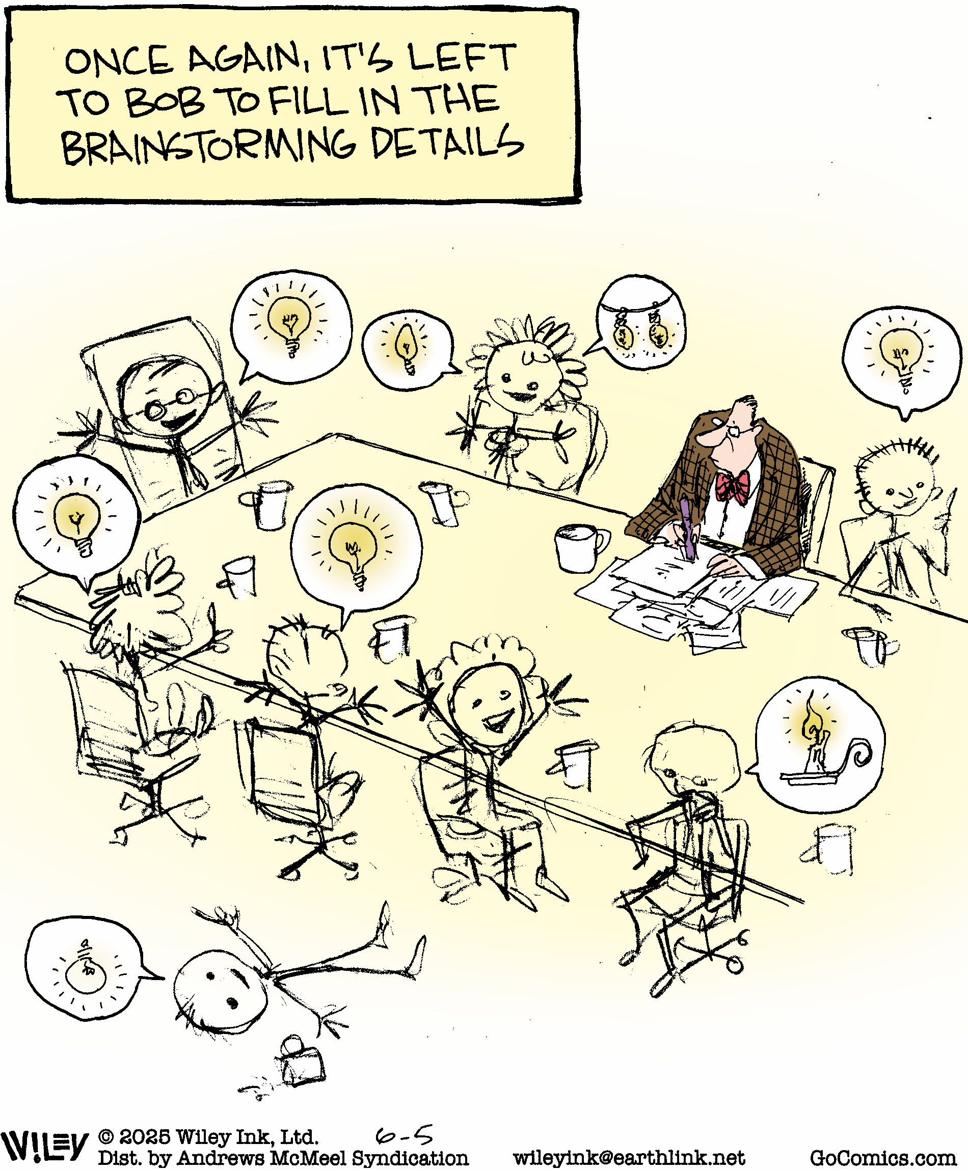 Cartoon depicting a humorous brainstorming session where one character, Bob, is tasked with filling in the details while others contribute ideas, represented by light bulbs. The scene includes a conference table, coffee cups, and various characters engaged in the discussion, highlighting workplace dynamics and creativity.